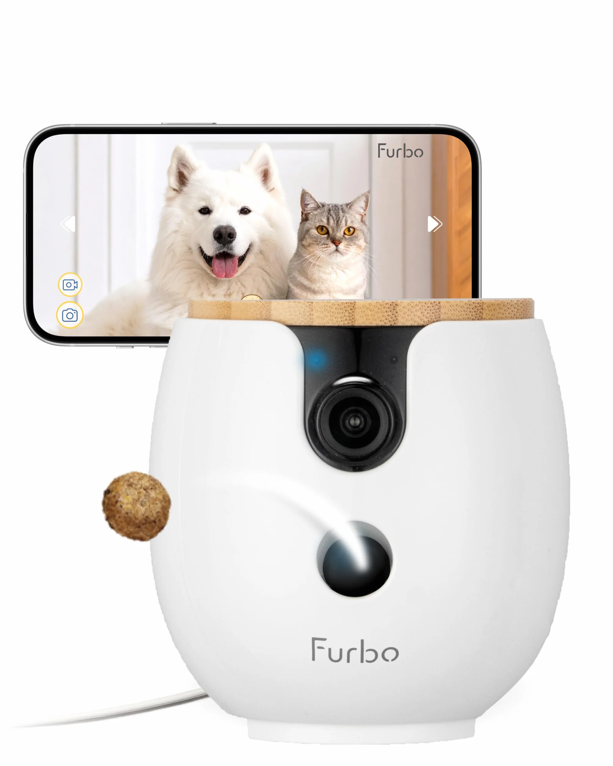 Furbo Mini cámara para Mascotas de 360°: cámara de Seguridad para el hogar, dispensador Giratorio de golosinas con aplicación de teléfono, cámara Interior Inteligente con Altavoz de 2 vías y visión