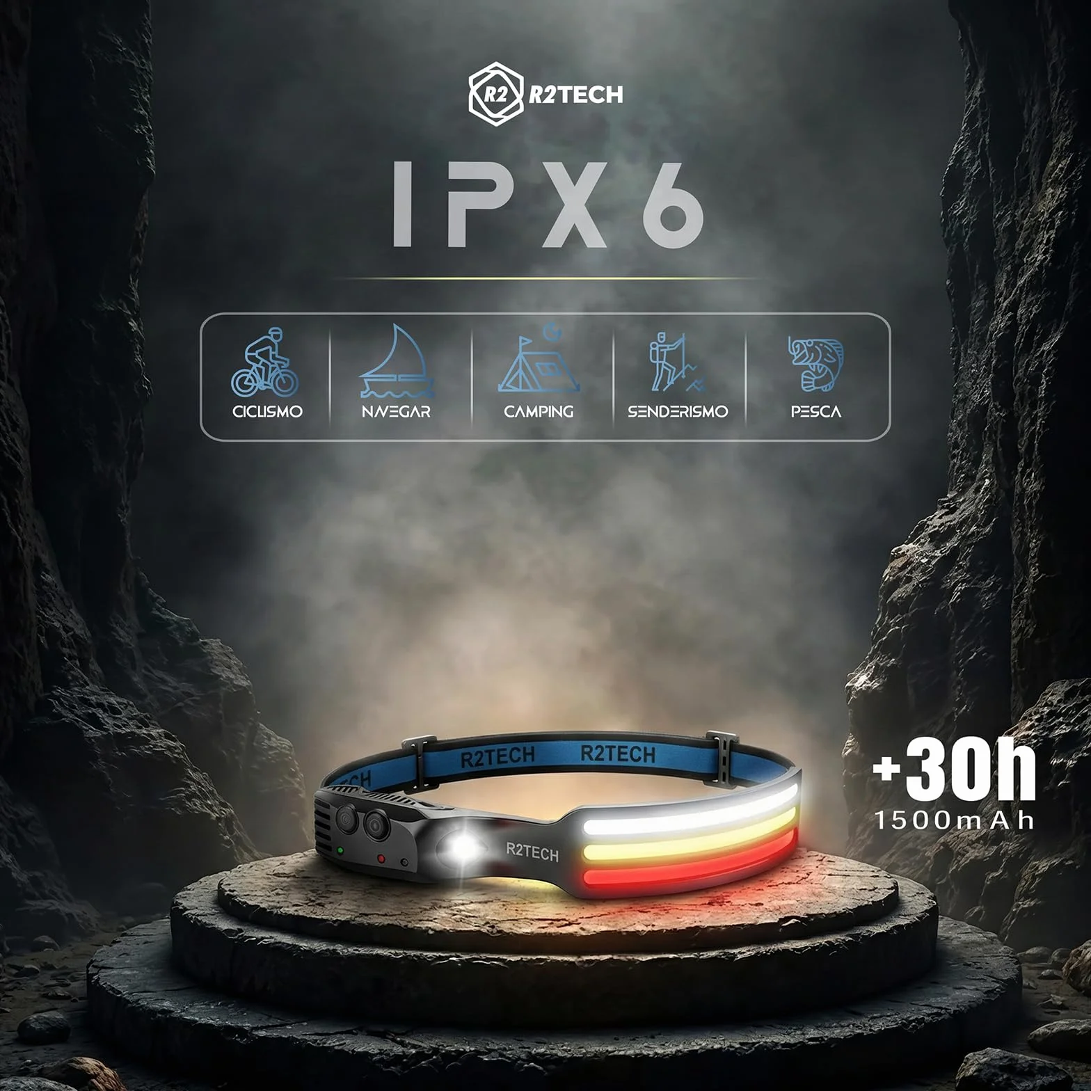 Linterna Frontal LED Recargable Alta Potencia con Luz Roja y Cálida para Running, Ciclismo, Pesca y Camping