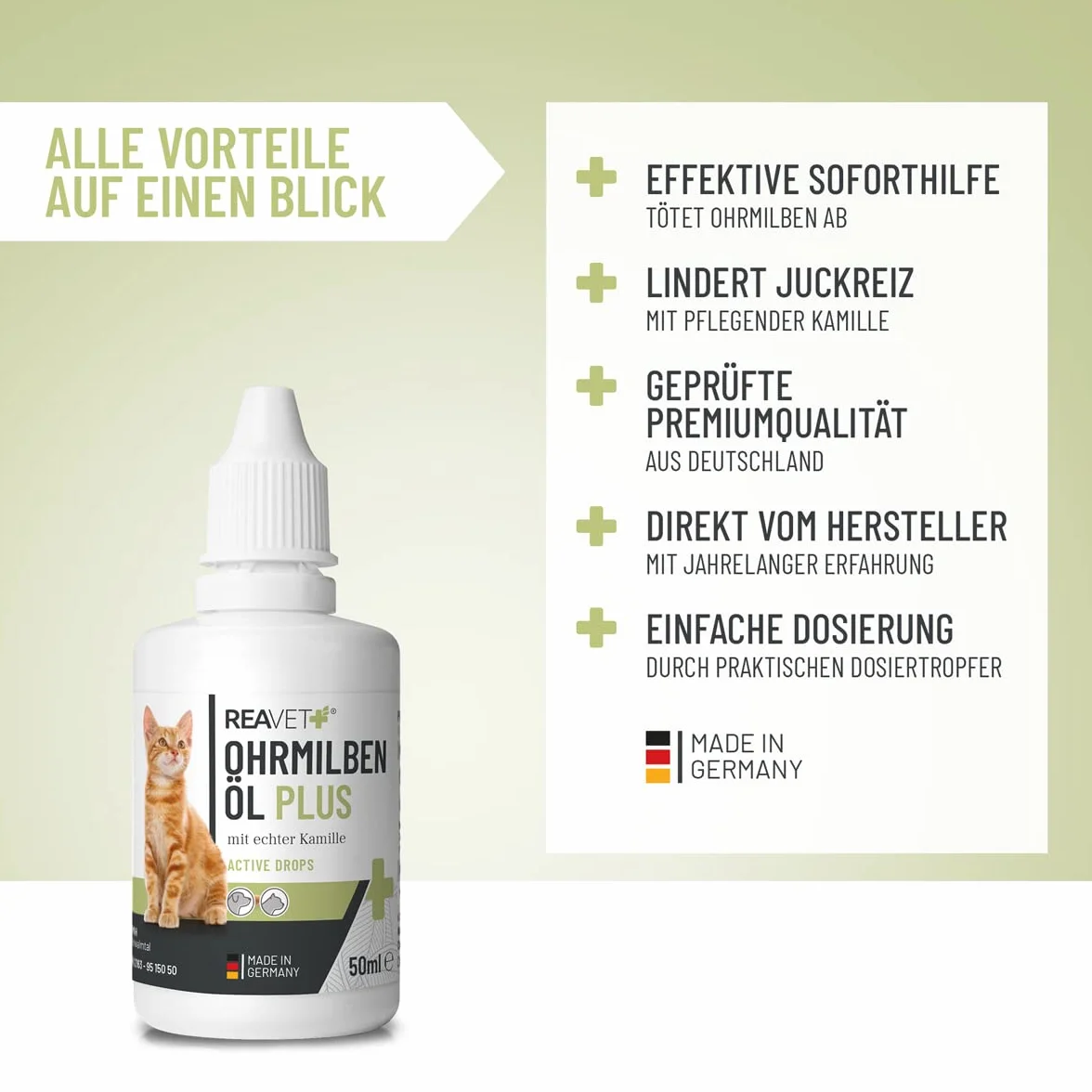 ReaVET Aceite para Ácaros de Oído Plus 50ml - Tratamiento rápido para Gatos contra ácaros de oído, con manzanilla, Alivia la picazón y Limpia Suavemente los oídos. Gotas para oídos y Limpiador