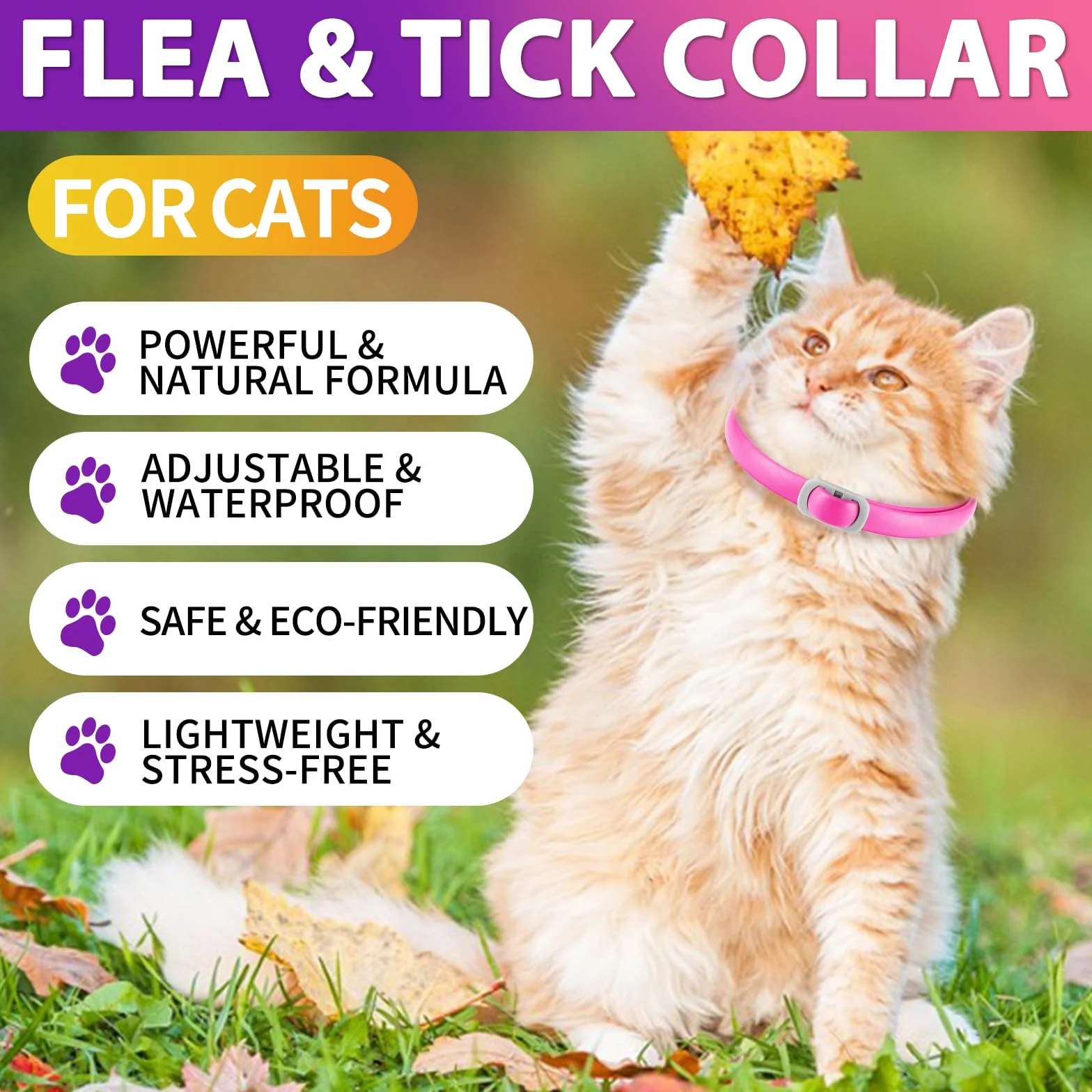 Collar Antipulgas para Gatos,Seguro y Eficaz para el Control de Pulgas y Garrapatas,Collar Antipulgas y Garrapatas,Ajustable para Todas Razas Tallas,24 Meses de Protección