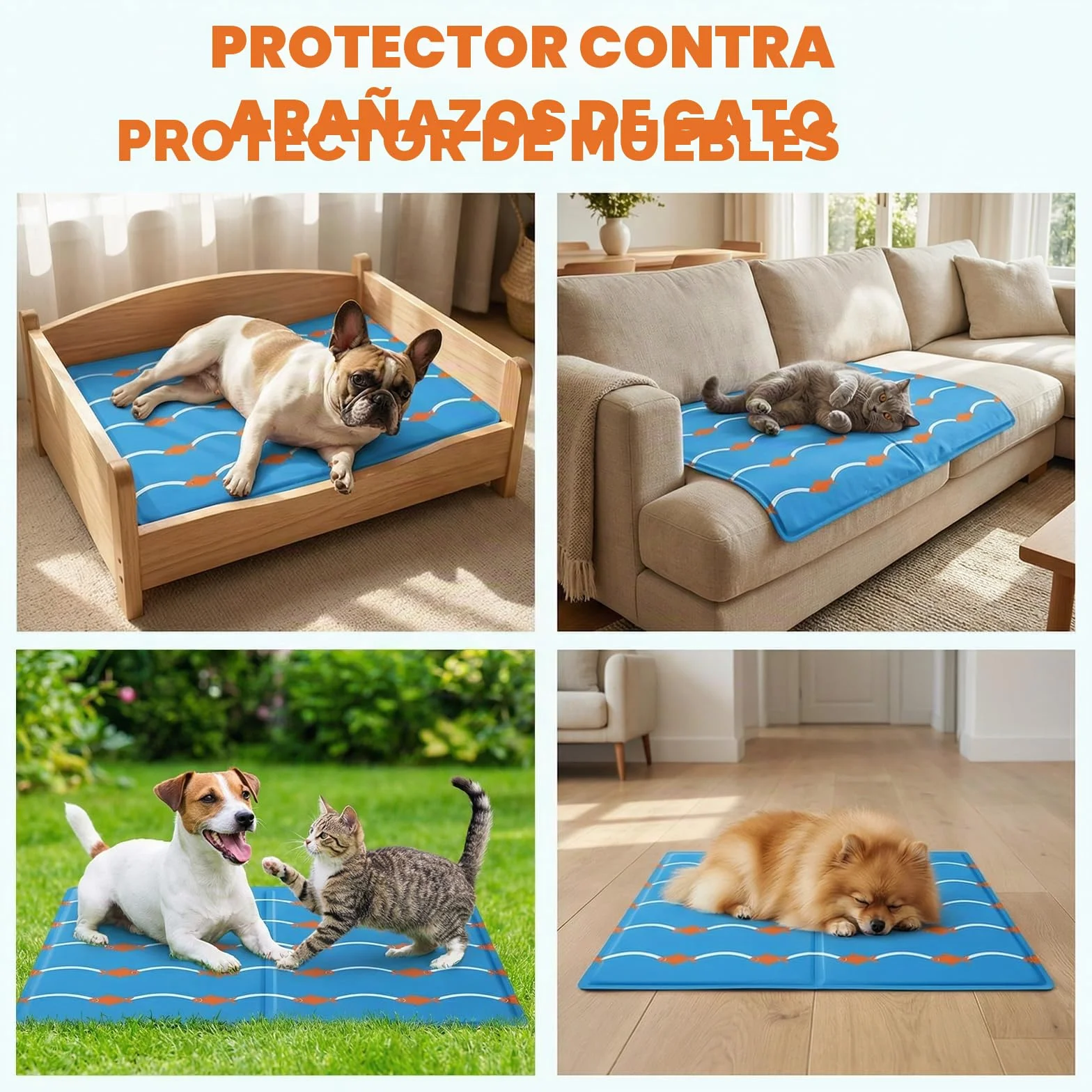 Qoosea Alfombra Refrescante para Perros y Gatos 50x65cm - Diseño Peces y Olas, Colchón Enfriador Autorefrescante, Impermeable y Plegable para Casa Coche y Viajes