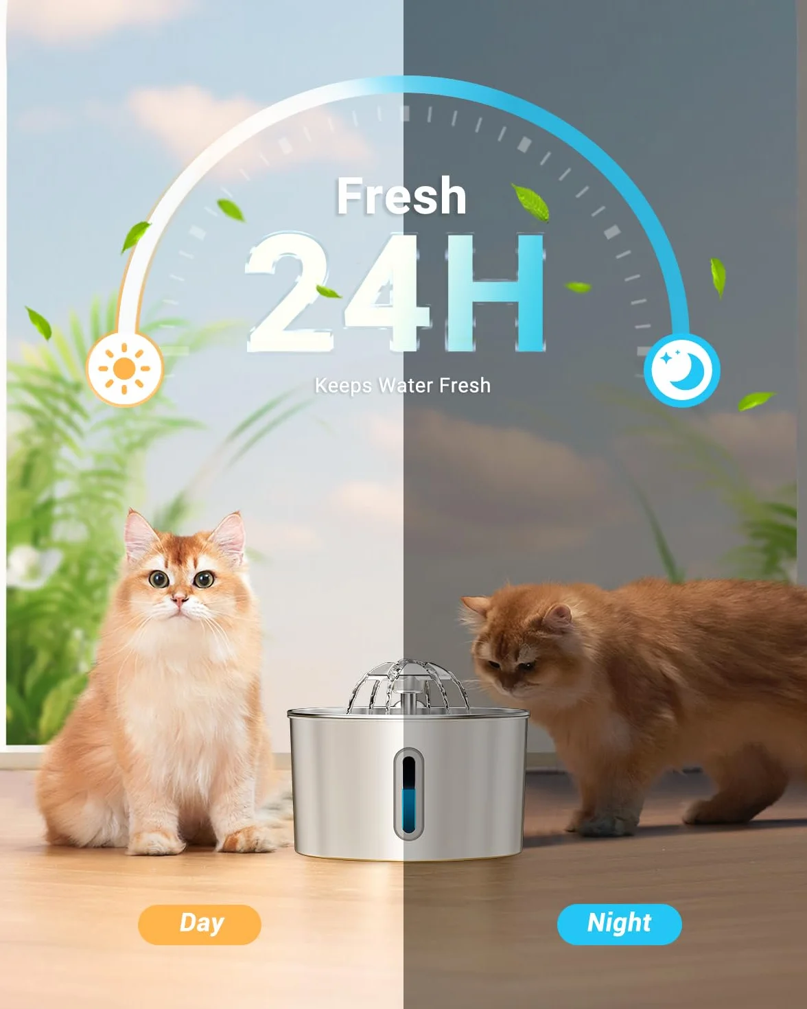 Fuente para Gatos Acero Inoxidable, 2,2L Bebedero Gatos con Cable Filtración Cuádruple, Ultra Silencioso, Fácil de Limpiar, con LED 3 Filtros y 3 Esponjas
