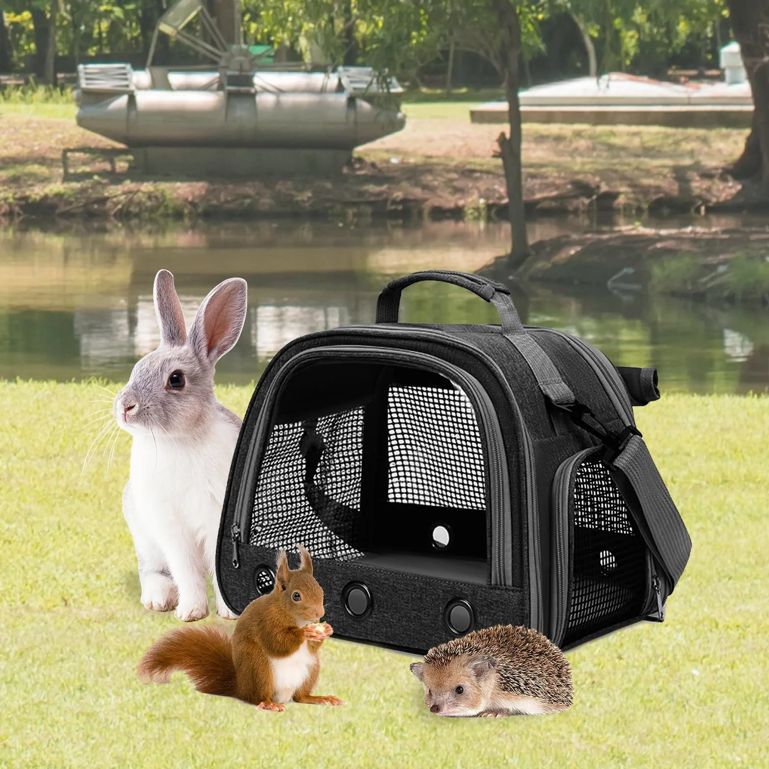Bolsa de Transporte de Animales pequeños, 35 * 25 * 23cm Bolsa de Viaje saliente para Mascotas, Portador de Conejillos de Indias portátil con Malla Transpirable para pájaro, Rata,Negro