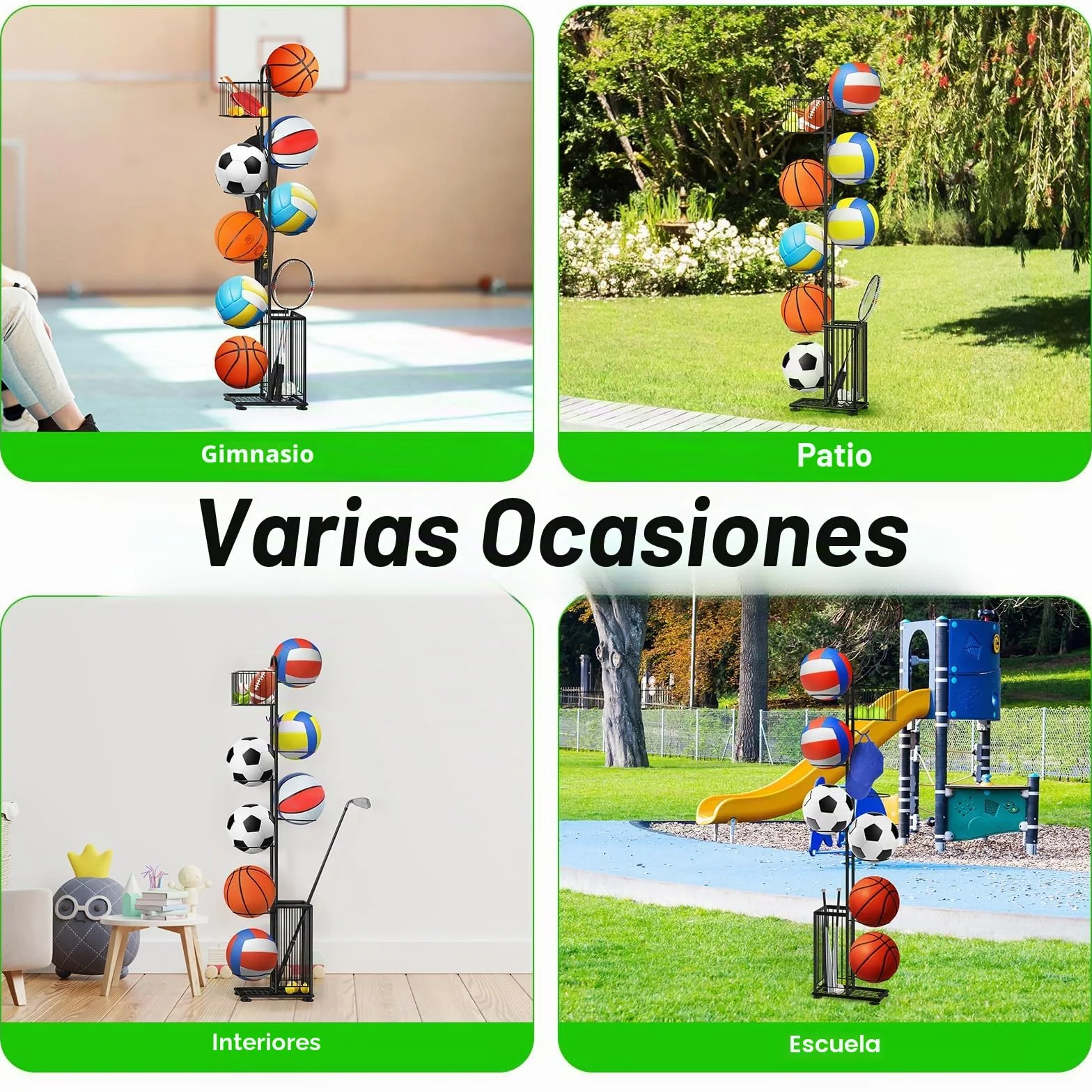 Soporte para bolas 7 niveles, estantería de almacenamiento vertical para baloncesto, fútbol, rugby, voleibol, fútbol (Negro)