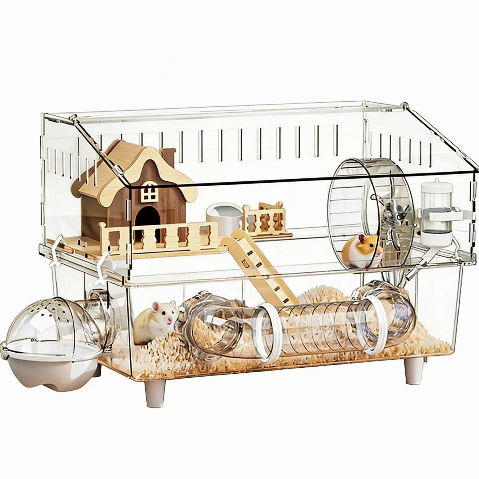 Jaula para Hámster Enano Claro de 2 Pisos, Parque para Chinchilla | Jaula con Bebedero y Arenero para Interior, Exterior y Viaje, Hogar para Mascotas Pequeñas y Roedores