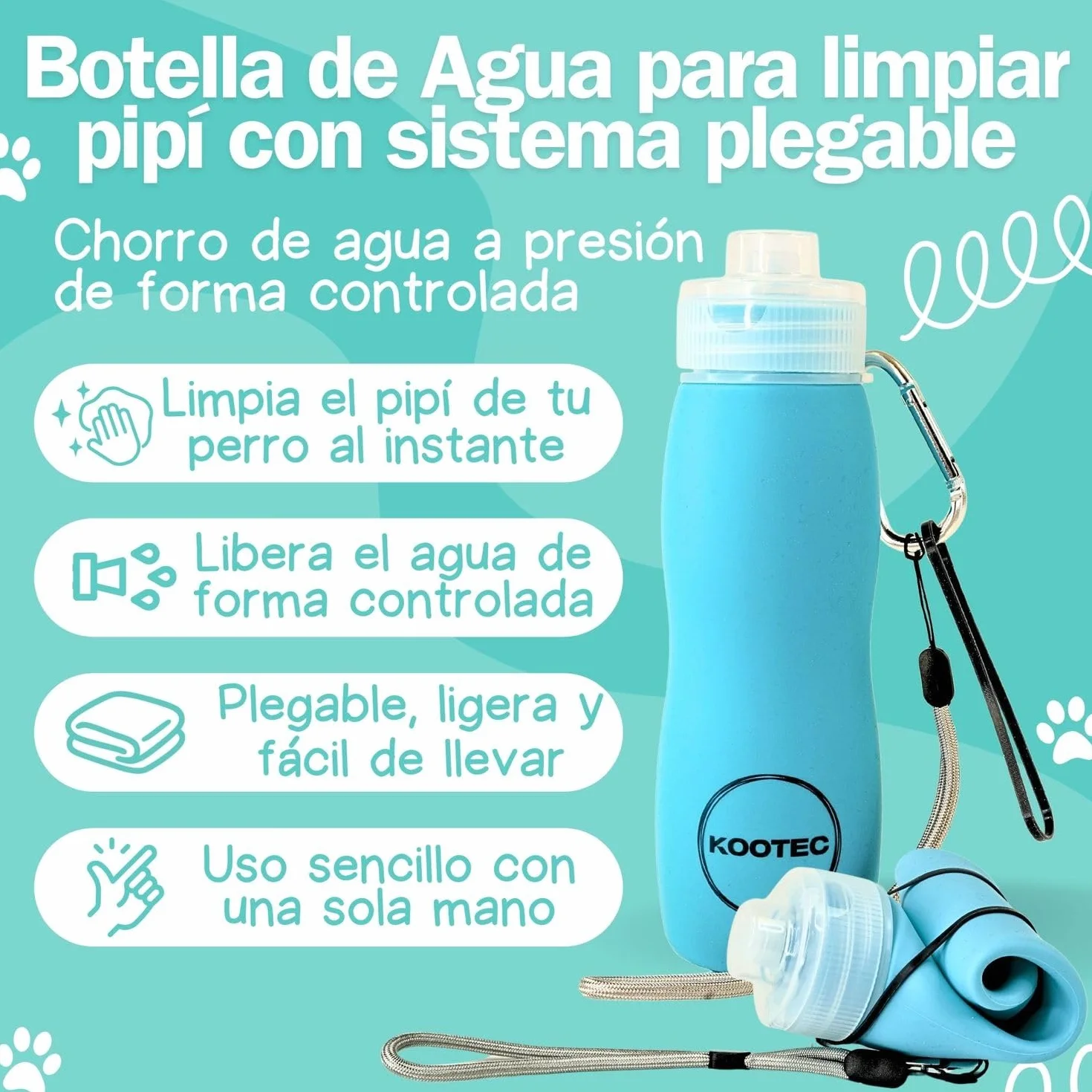 Botella Pipi Perros Silicona Plegable 400ml + Mosquetón + Goma Elástica + Cinta Ajustable 18cm | Botella Pipi Perros Calle con Chorro a Presión Controlable Antigoteo y Portátil (Verde Menta)