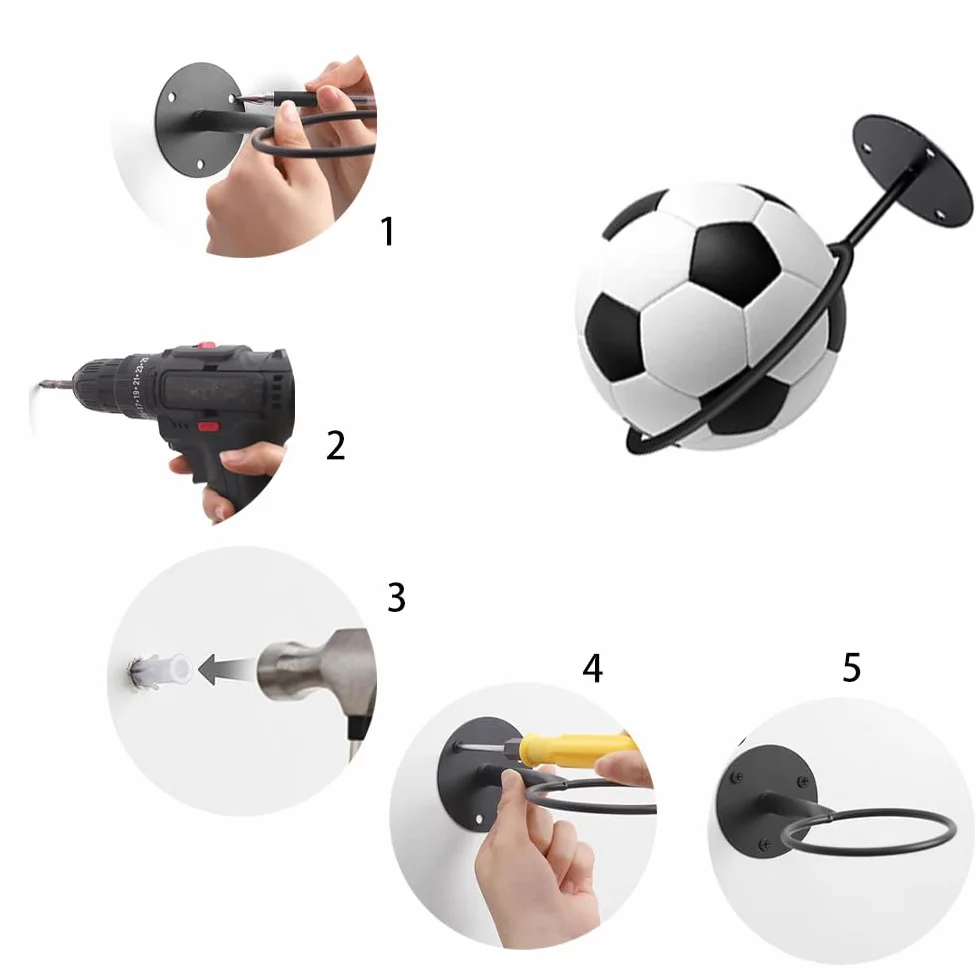 Soporte de Pared para Balones Universal Metal con Tornillos Almacenamiento para Rugby Voleibol Pantalla Negro