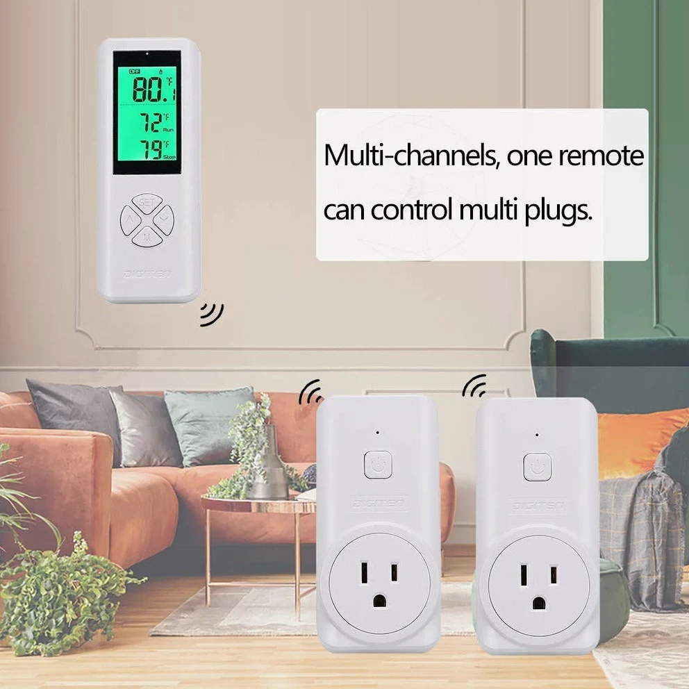 DIGITEN Toma de termostato inalámbrica (con 2 receptores), controlador de temperatura enchufable, controlador de temperatura de invernadero, enchufe de termostato de reptil, control remoto, sensor
