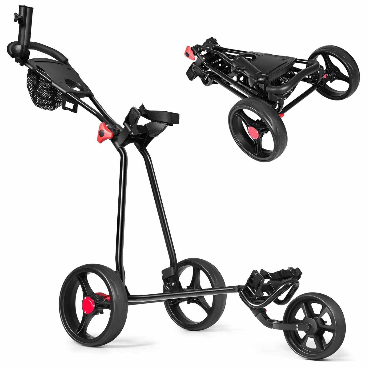 COSTWAY Carrito de Golf Plegable 3 Ruedas con Paragüero Portavasos