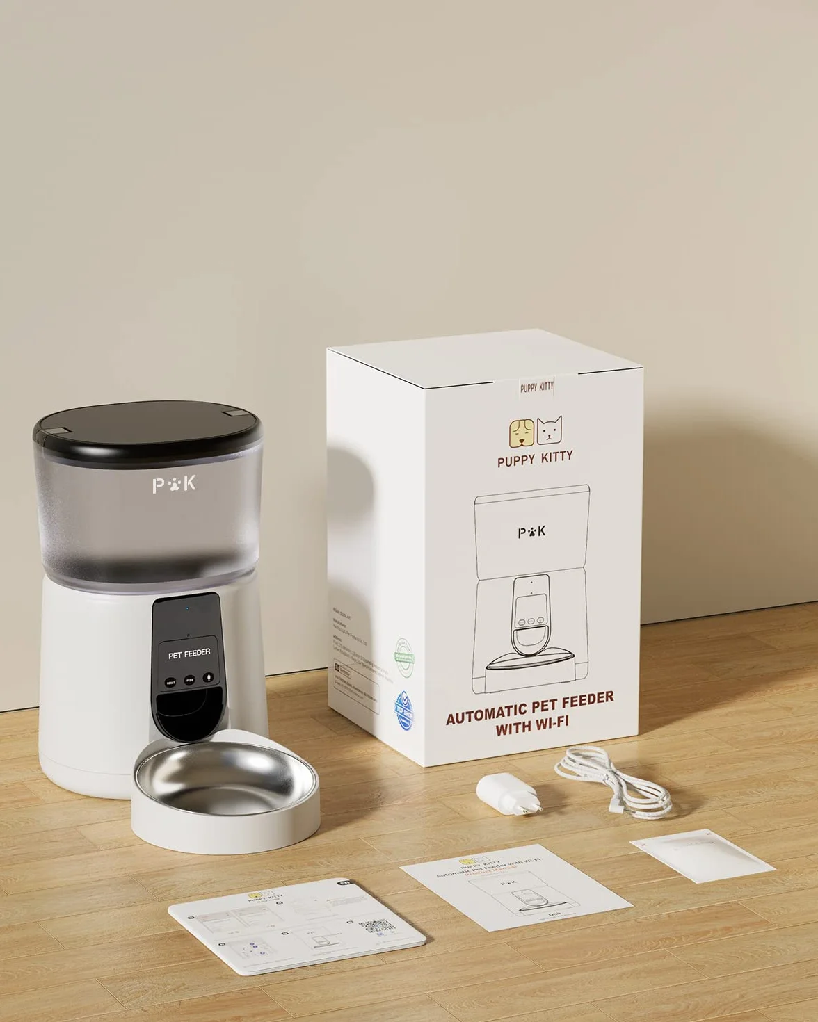 PUPPY KITTY Comedero Gato Automatico, 2.4G WiFi 4L Dispensador Comida Gatos con Bol de Acero Inoxidable, App Control, Grabación de Voz 10S, 1-10 Comidas