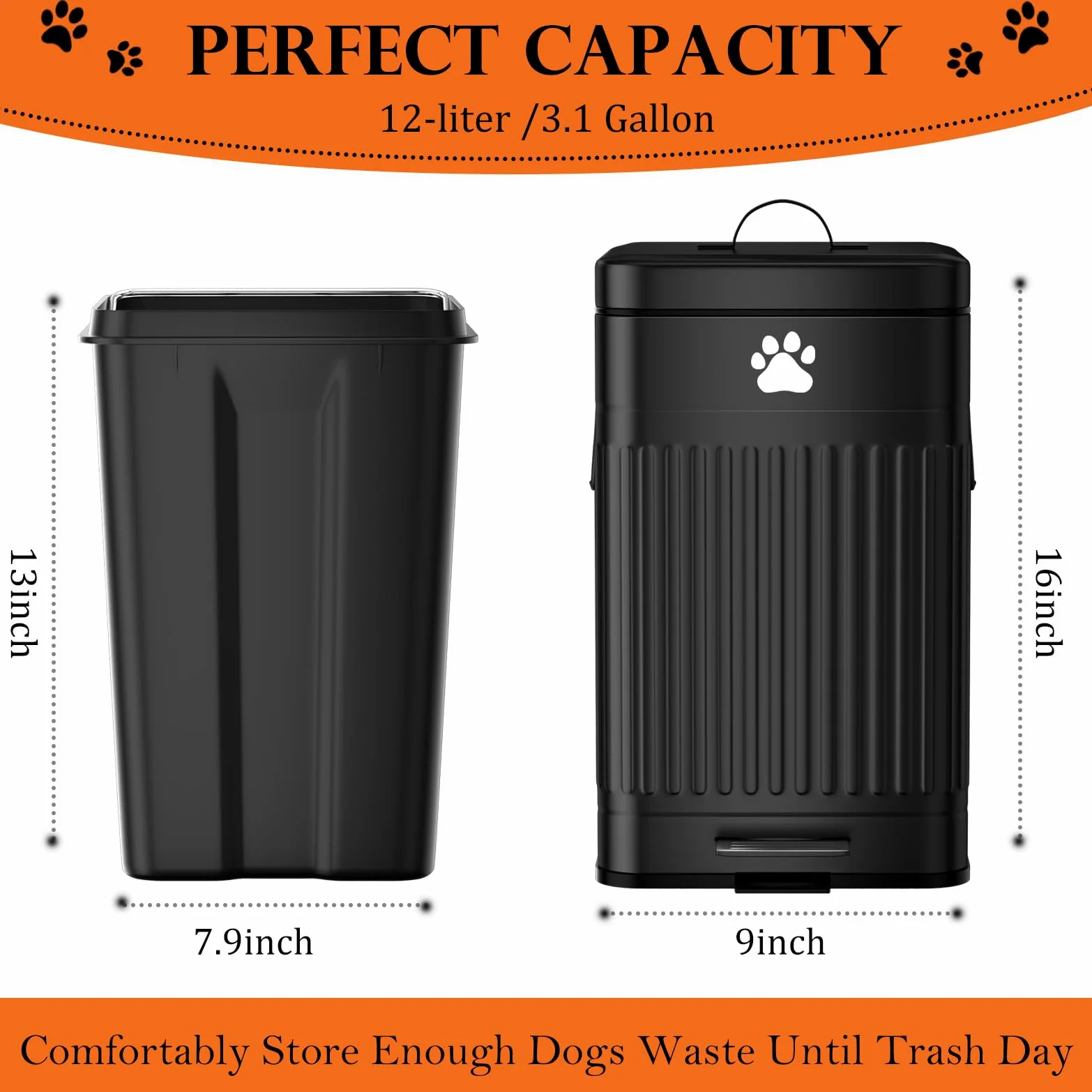 Cubo de basura para excrementos de perro en el exterior, cubo de basura de metal de 12 L/3.1 galones con tapa, pedal de pie, contenedor de residuos para perros con 40 bolsas de residuos