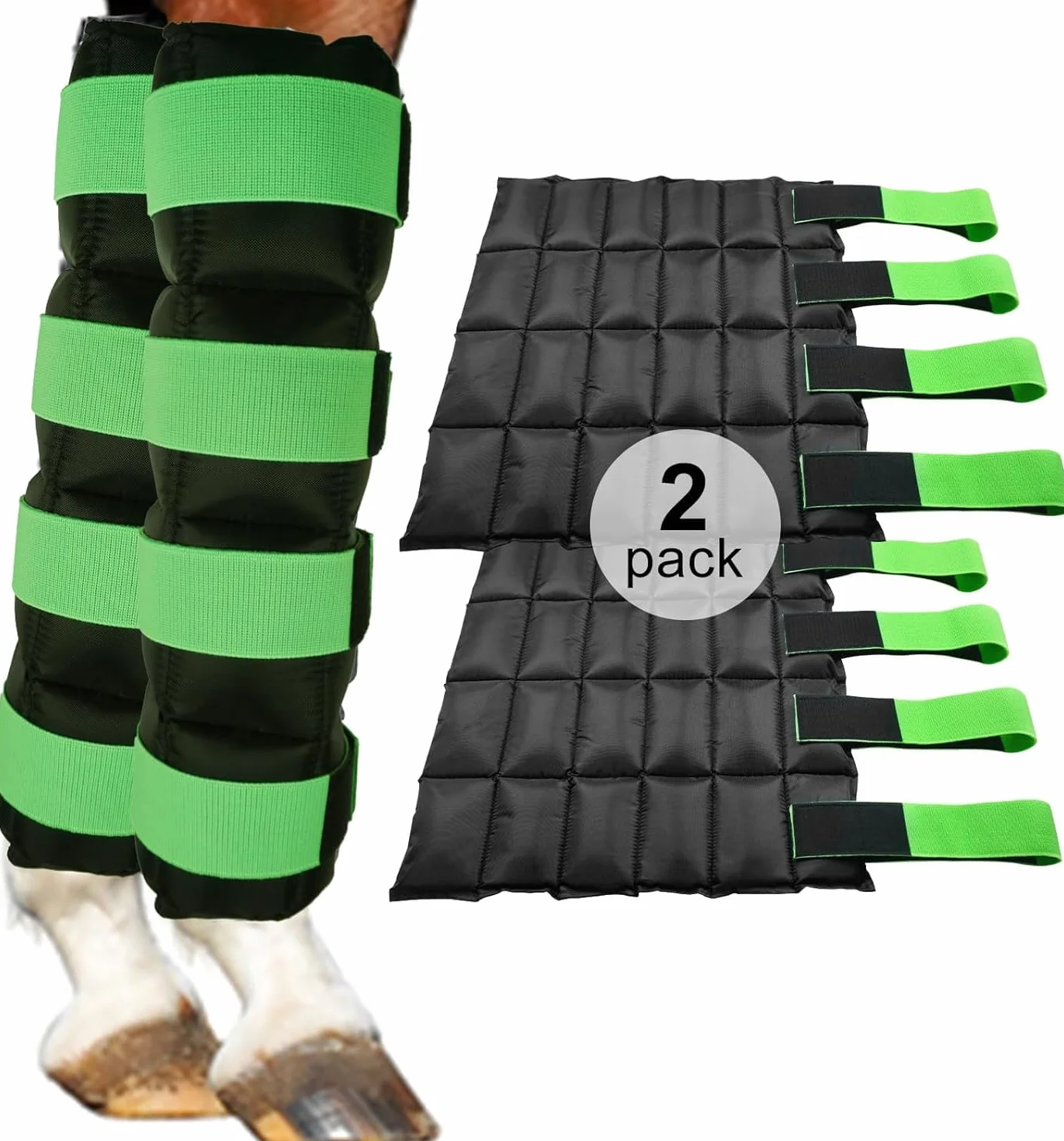 Botas de hielo de caballo para lesiones de caballo, dolor muscular, enfriar las piernas, abrigos fríos para hock, tobillo, rodilla, piernas, botas y pezos, negro verde, 1 par (2 paquetes)