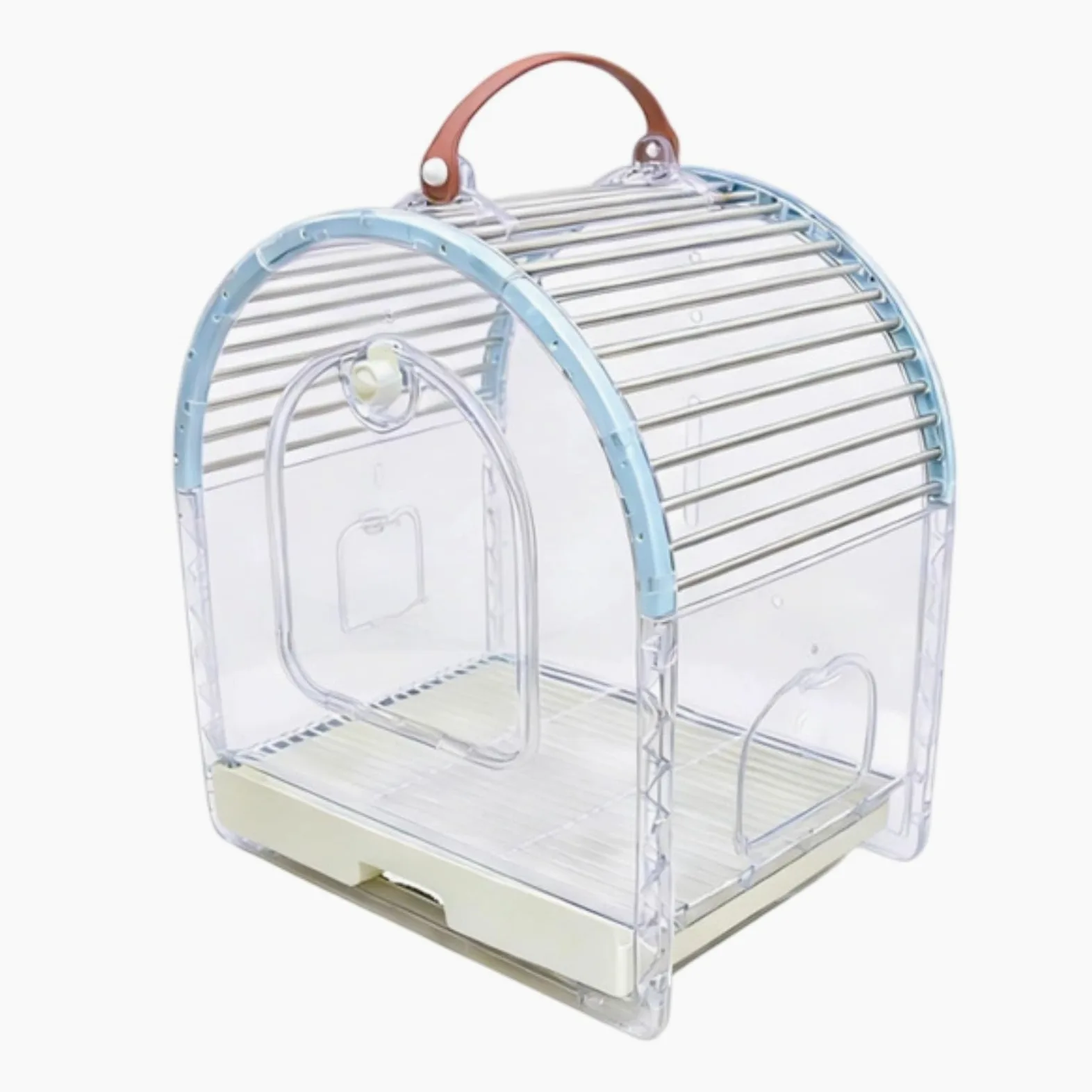 Jaula para Pájaros Portátil Jaula Transporte Aves Hábitat Compacto Cúpula Transparente Barras Acero Inoxidable Ventilada con Comederos Laterales y, Azul