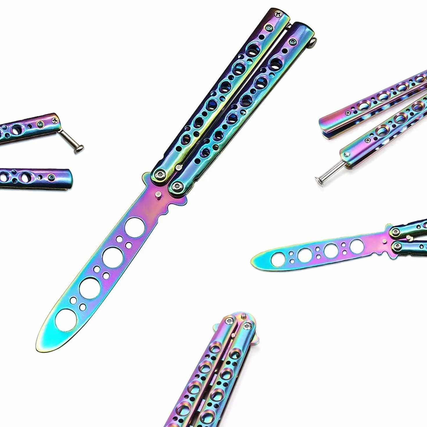MAKIE Cuchillo de Mariposa Entrenamiento Metal Desafilado Arcoíris Plegable