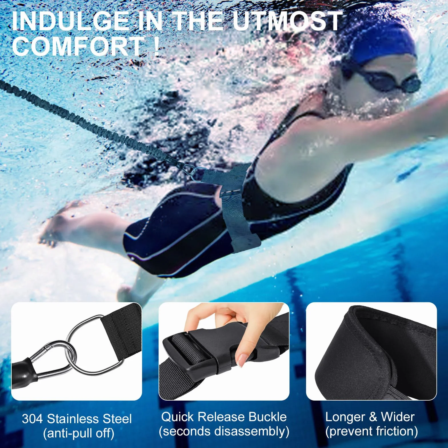 Cinturón de natación profesional con resistencia ajustable, cuerda de 2,5-7,5 m, para adultos y niños (Azul)