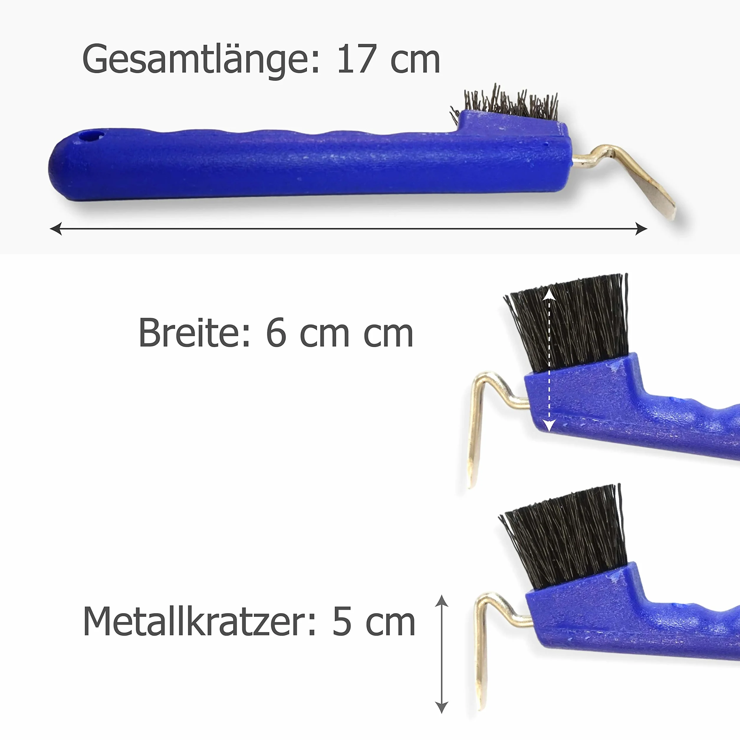 Pferdelinis Rascador de pezuñas para caballos, burros, cabras, pezuñas con cepillo extra estable y mango ergonómico (azul)