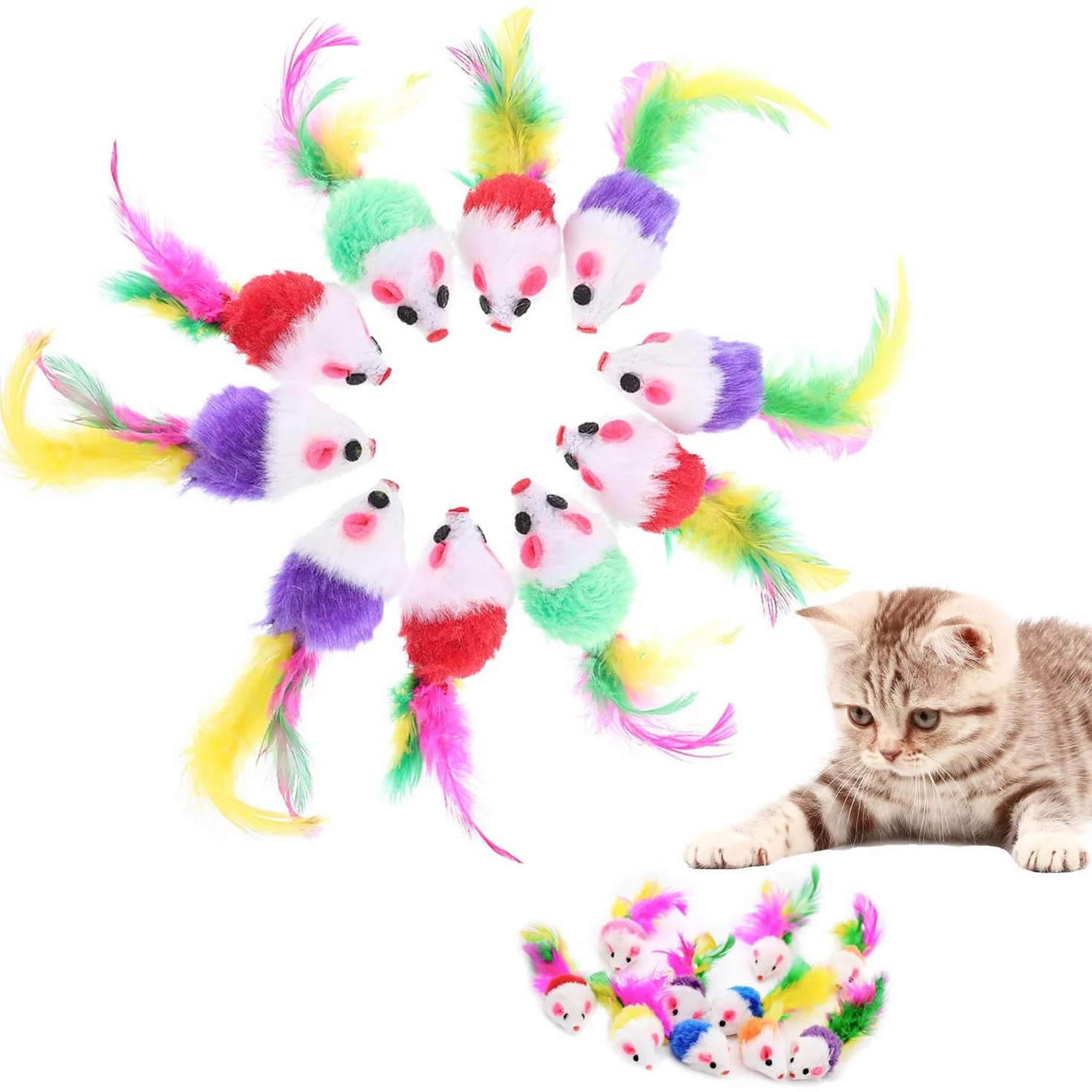 10 Piezas Interactivo Peludo Juguetes Gato Ratones para Gatos Ratón Sonajero Plumas para Gatos Mascota(Colores Variados)