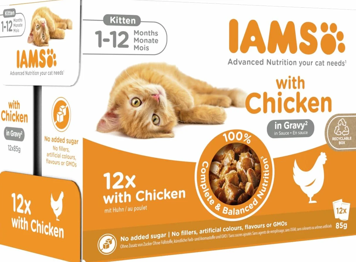 IAMS Advanced Nutrition Alimento húmedo en Salsa, para Gatitos con Pollo, 12 x 85g