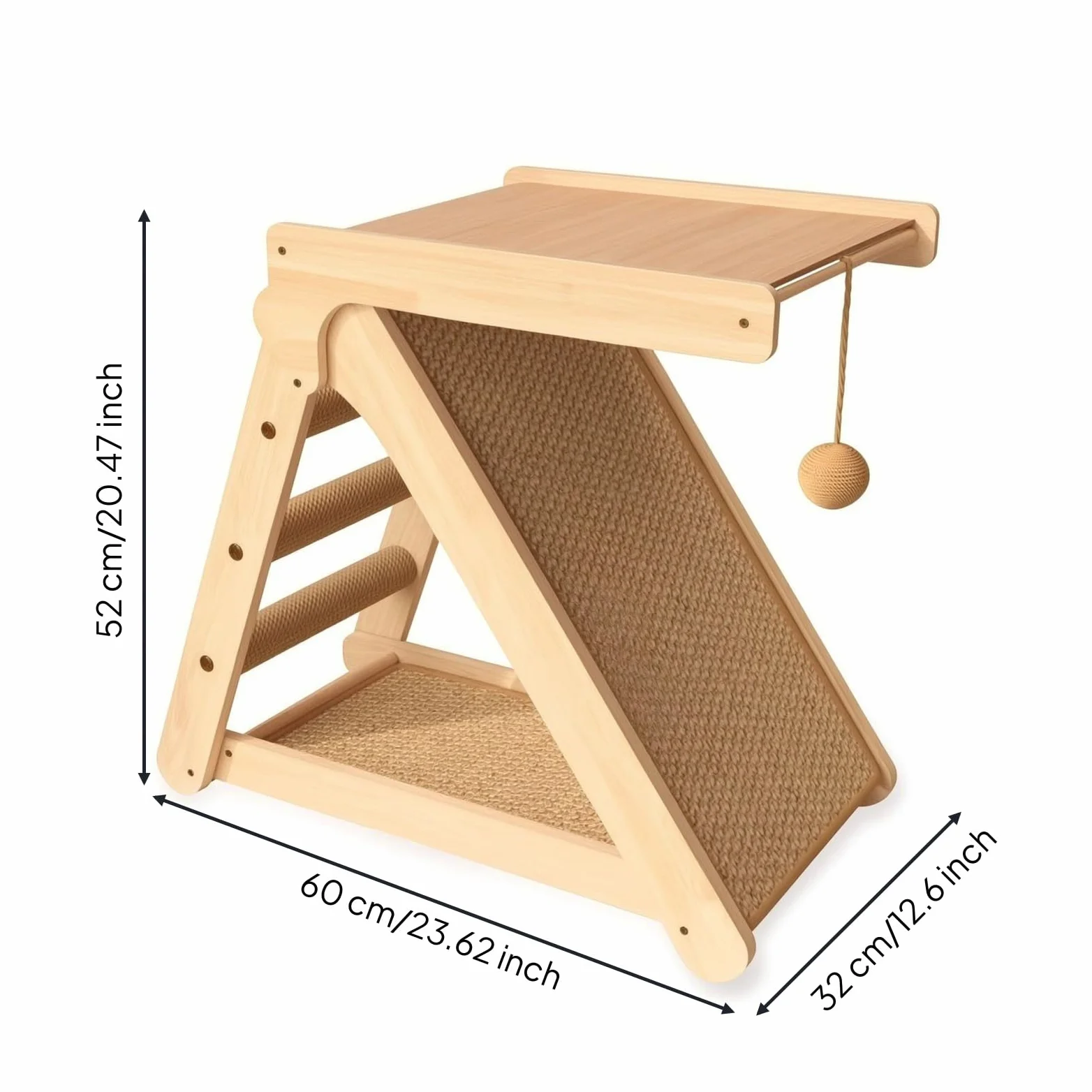 rockible Rascador con Rampa Sisal Seguro Escalador Vertical Mueble para s, 52cm X 60cm X 32cm, Rascador De Madera Maciza con Plataforma De Salto, 60cm X 32cm X 52cm