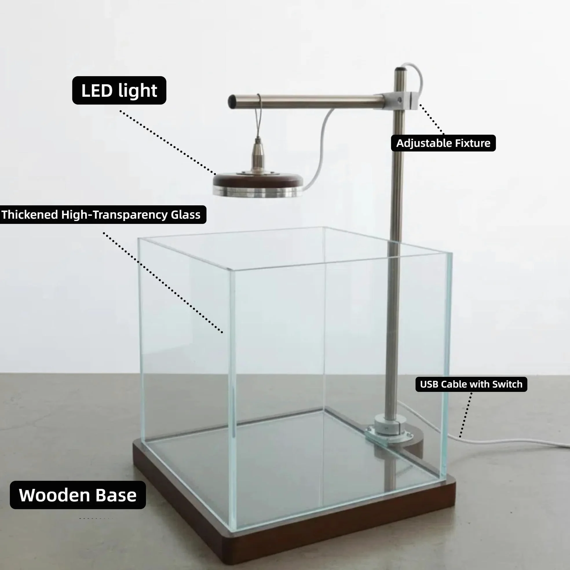Tanque de peces pequeño de 1.8 galones con luz LED y soporte de madera, kit de inicio de nano acuario Betta de 8 pulgadas, incluye herramienta de limpieza, paño y alfombrilla para escritorio, oficina