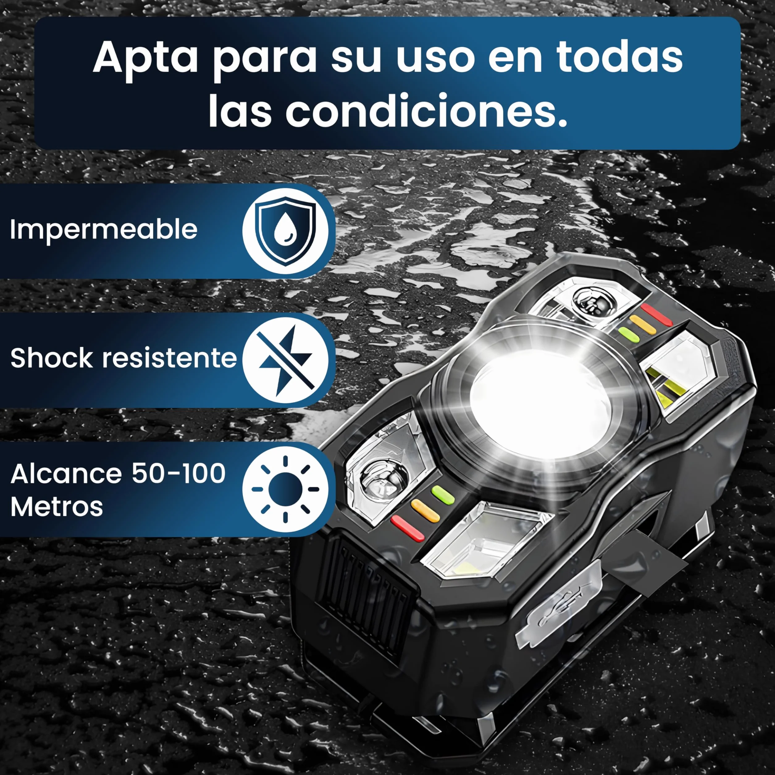 Linterna Frontal LED Recargable Alta Potencia 2000L IPX5 Impermeable 6 Modos Sensor Movimiento