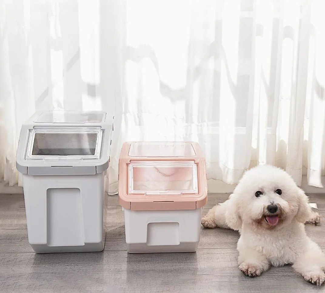Contenedor de almacenamiento de alimentos de plástico de 10 kg con tapa y ruedas, organizador grande hermético para mascotas y cocina para perros y gatos, harina, cereales, incluye taza