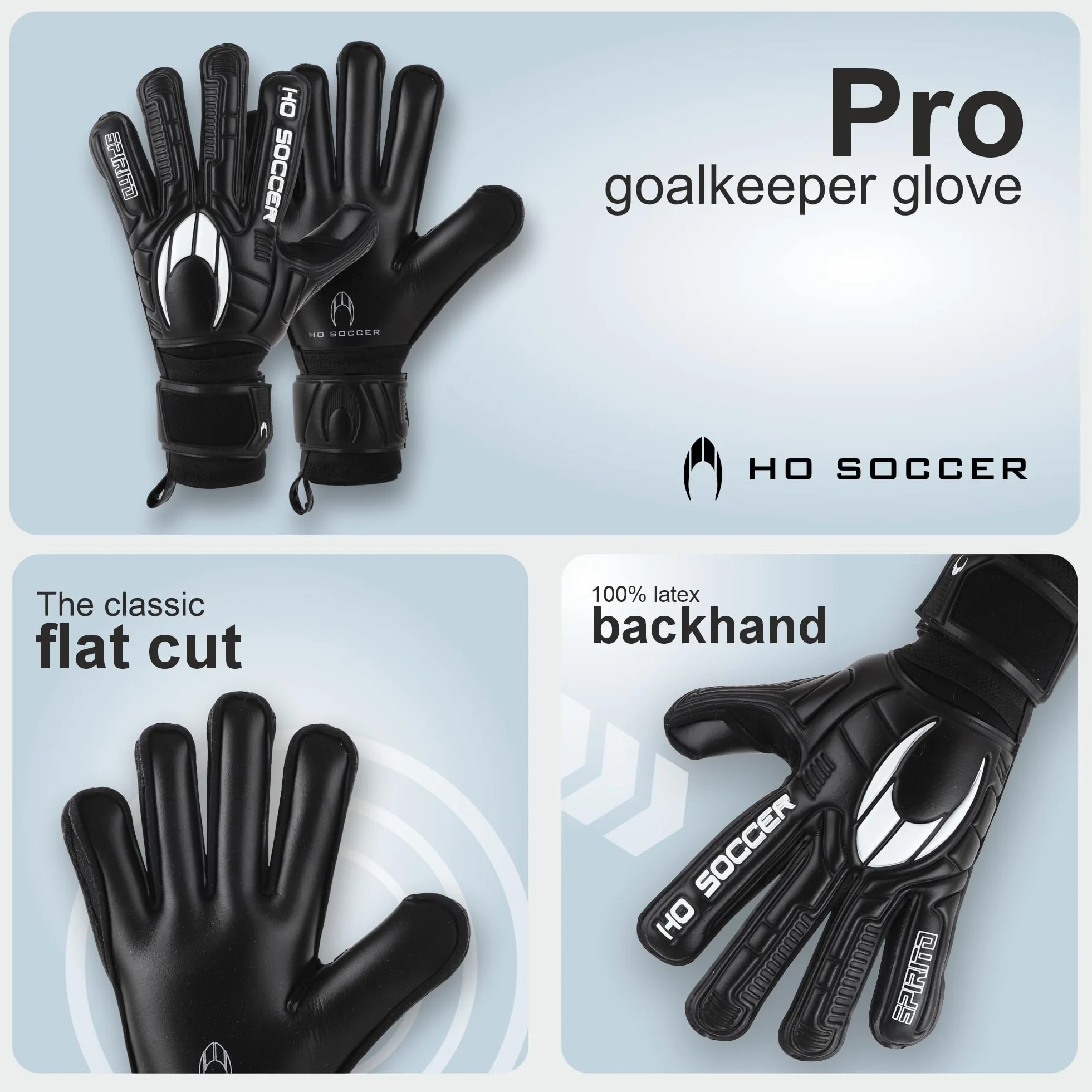 HO Soccer SPIRITO Black Flat Guantes de Portero, Negro, 6
