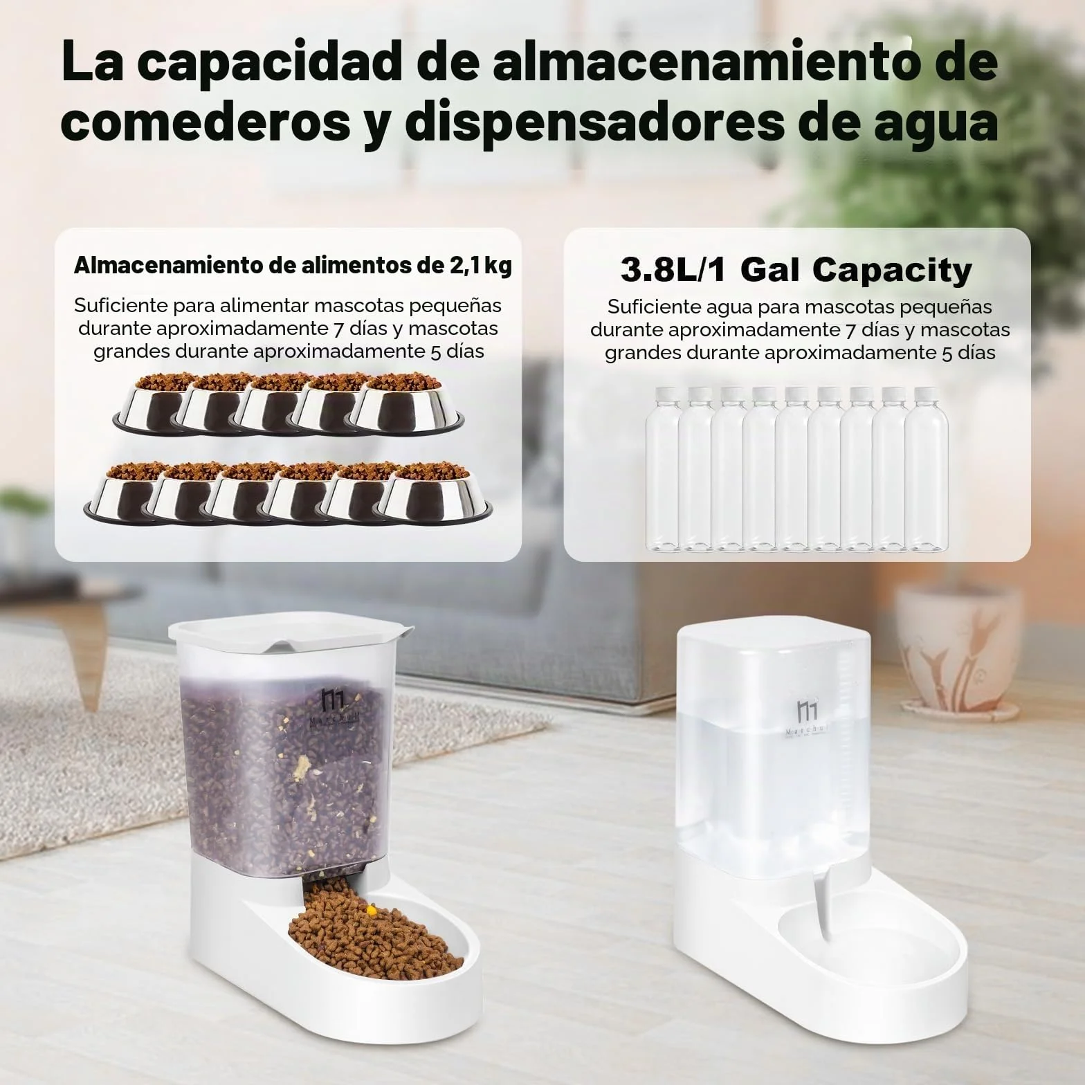 Marchul Dispensador para Gatos y Perros, Comida y Agua, Pack 2 Unidades, Comederos Automáticos, 3.8 L c/u, Comedero, Alimentador y Bebedero para Mascotas (Alfombrilla de Silicona)