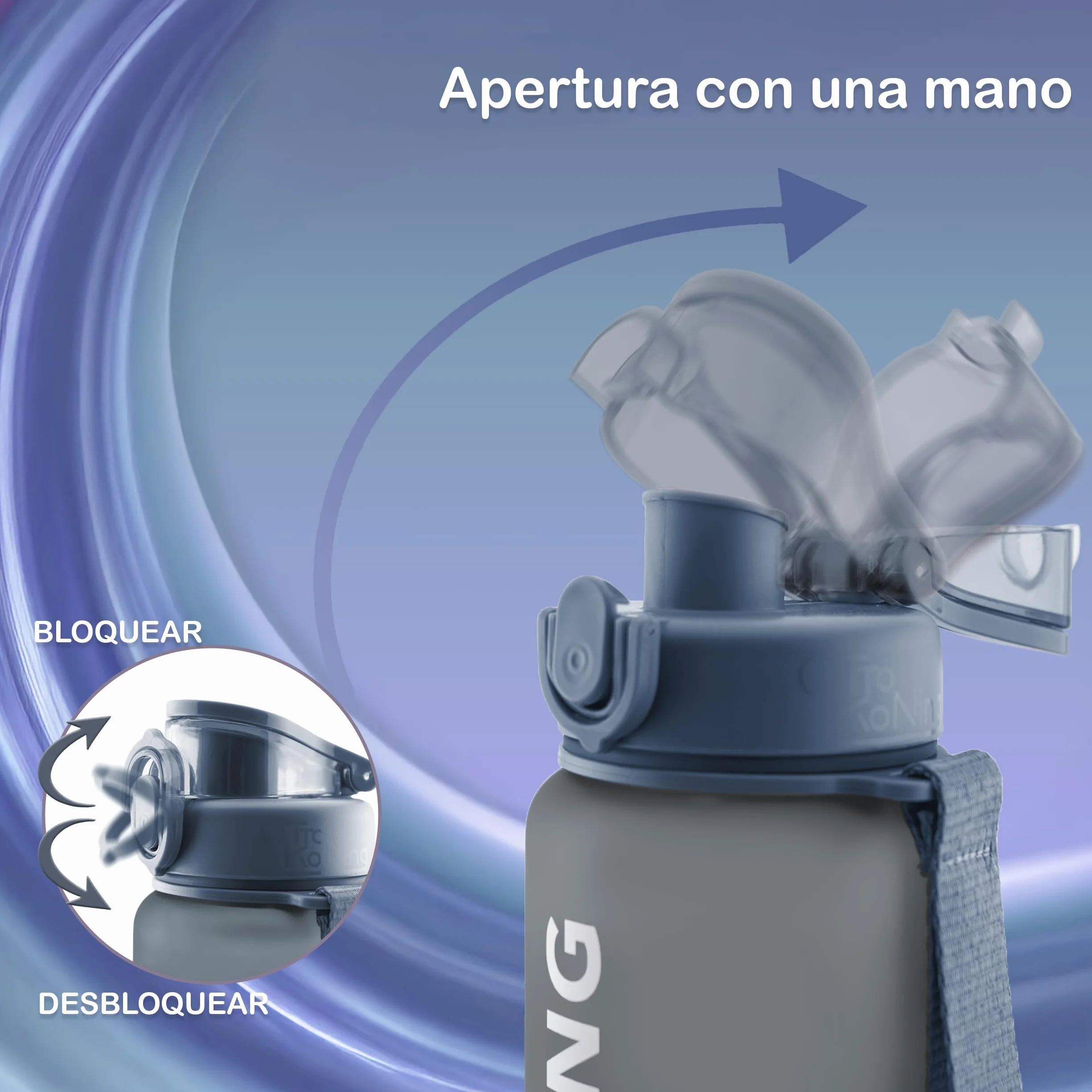 Otto Koning Botella Agua 1L Deportiva Sin BPA Hermética Boca Ancha Correa Resistente Reutilizable