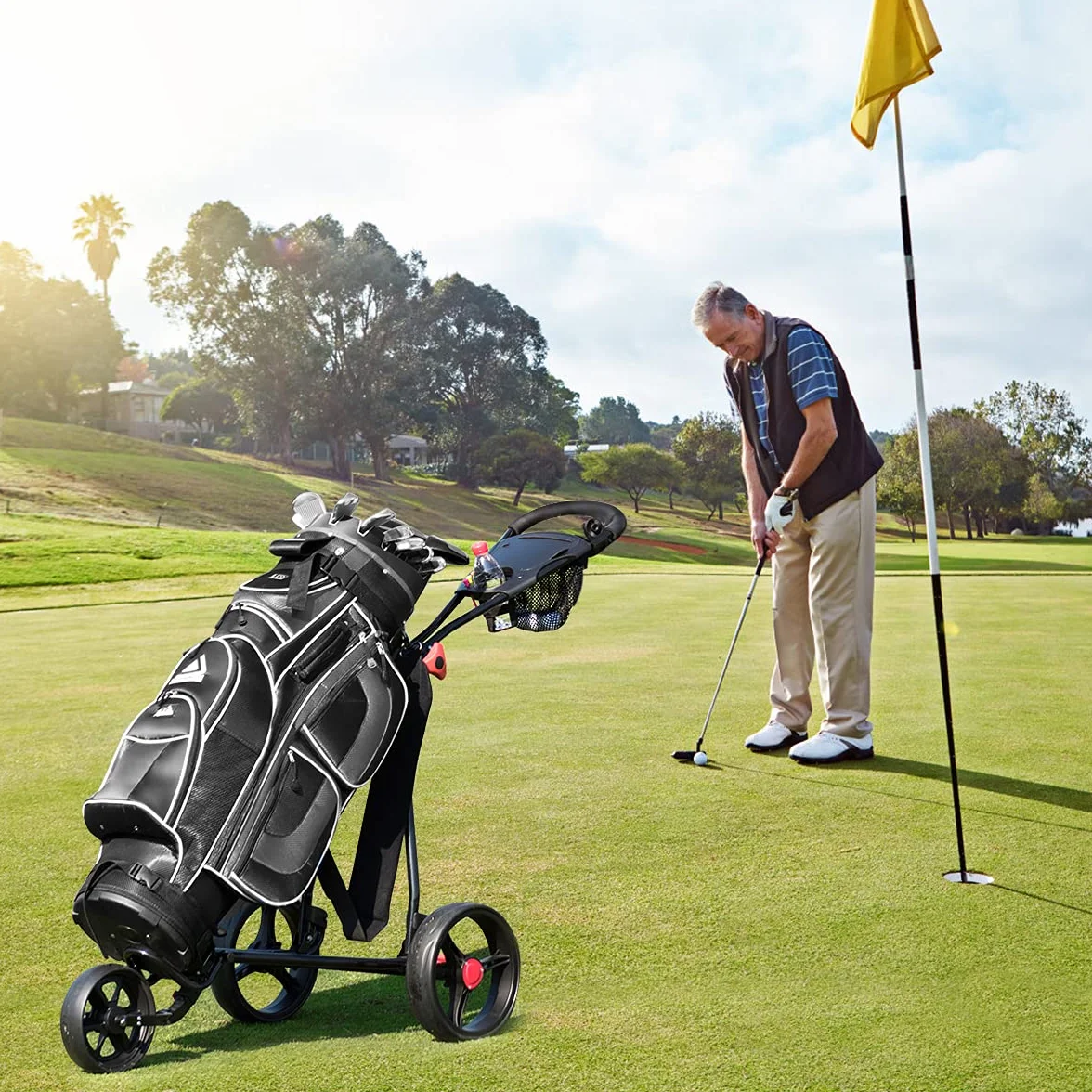 GOPLUS Carrito de Golf Plegable 3 Ruedas Goma Mango Ajustable Hierro Negro