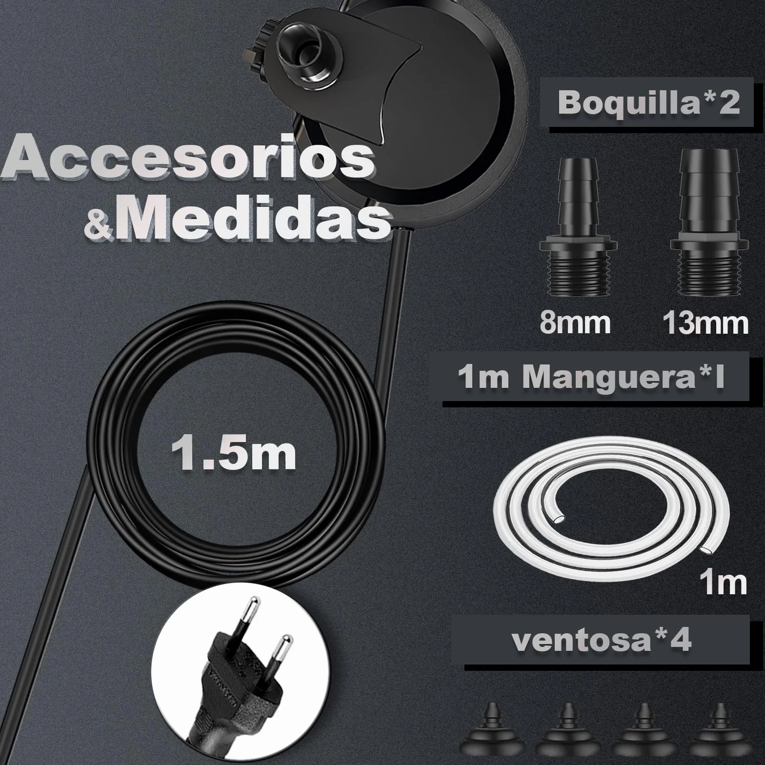 Bomba de Agua Sumergible 15W 800L/H Bomba de Acuario con Interruptor Ajustable + Cable de 1.5 Metros + 2 Boquillas, Motor Fuente de Agua Ultra Silencioso Para Acuarios, Jardines, Fuentes, Estanques