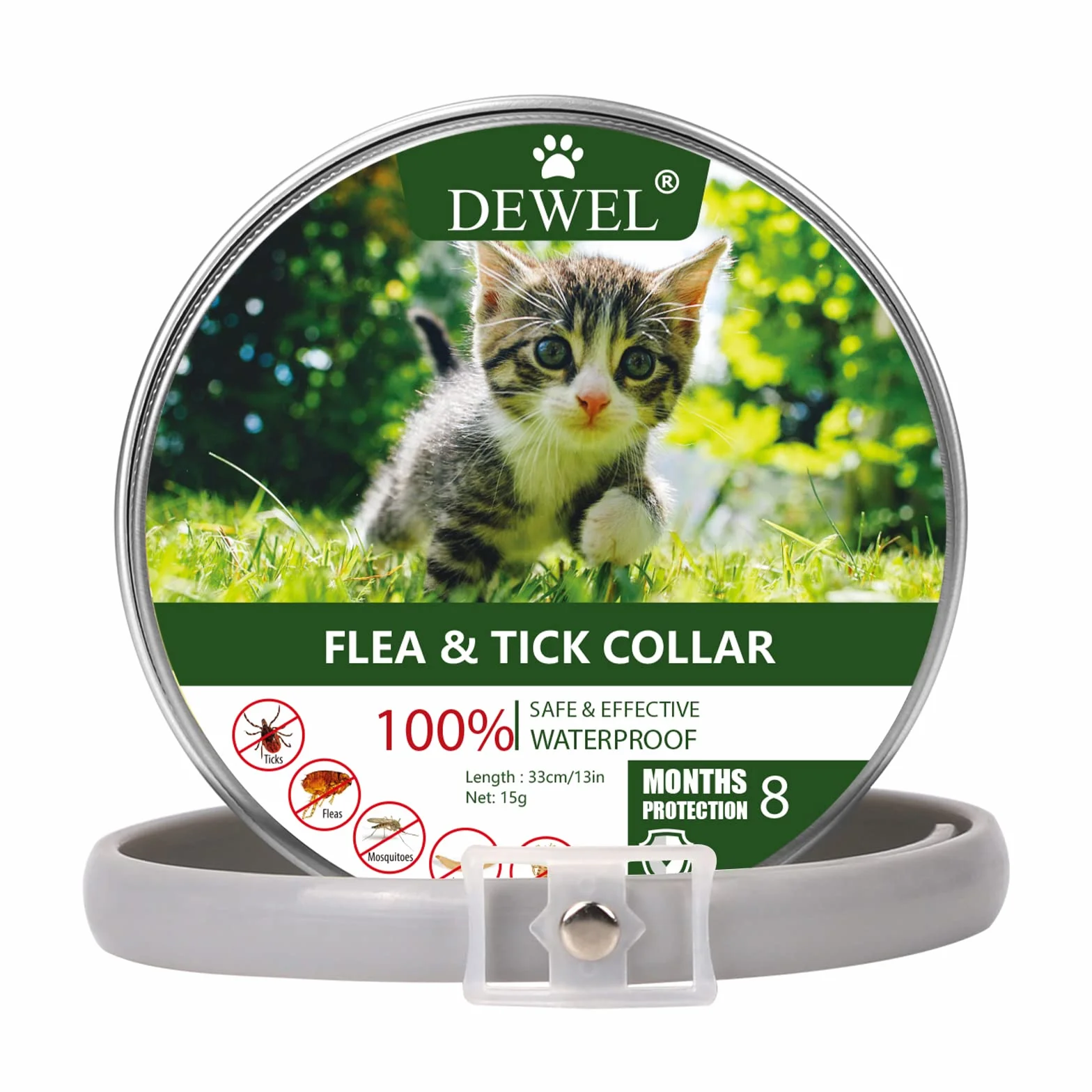 DEWEL Collar Gato contra Pulgas, Garrapatas y Mosquitos, Collar Antipulgas y Garrapatas 33 cm para Gatos y Perros Pequeños y Medianos, 8 Meses de Protección