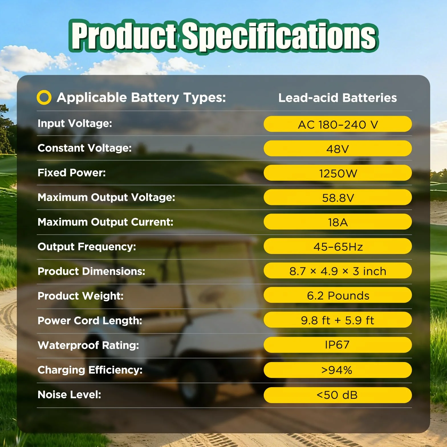 KAISAL 48V 18A Cargador para Carritos de Golf, Cargador de Baterías IP67 Impermeable