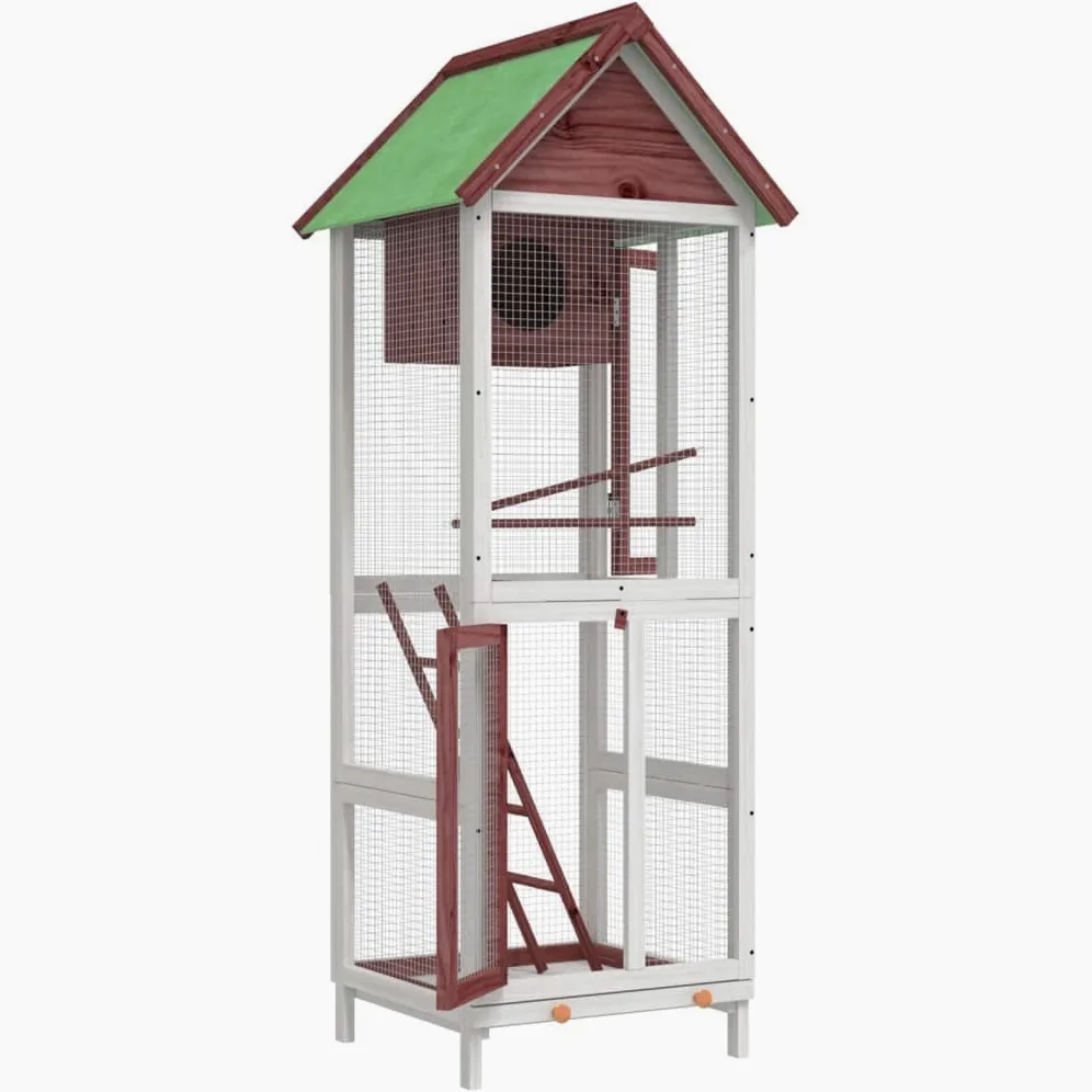 Pajarera de madera de pino maciza, 60 x 58,5 x 160 cm, con techo impermeable, nido y perchas, espacioso para loros, periquitos, canarios y como pajarera