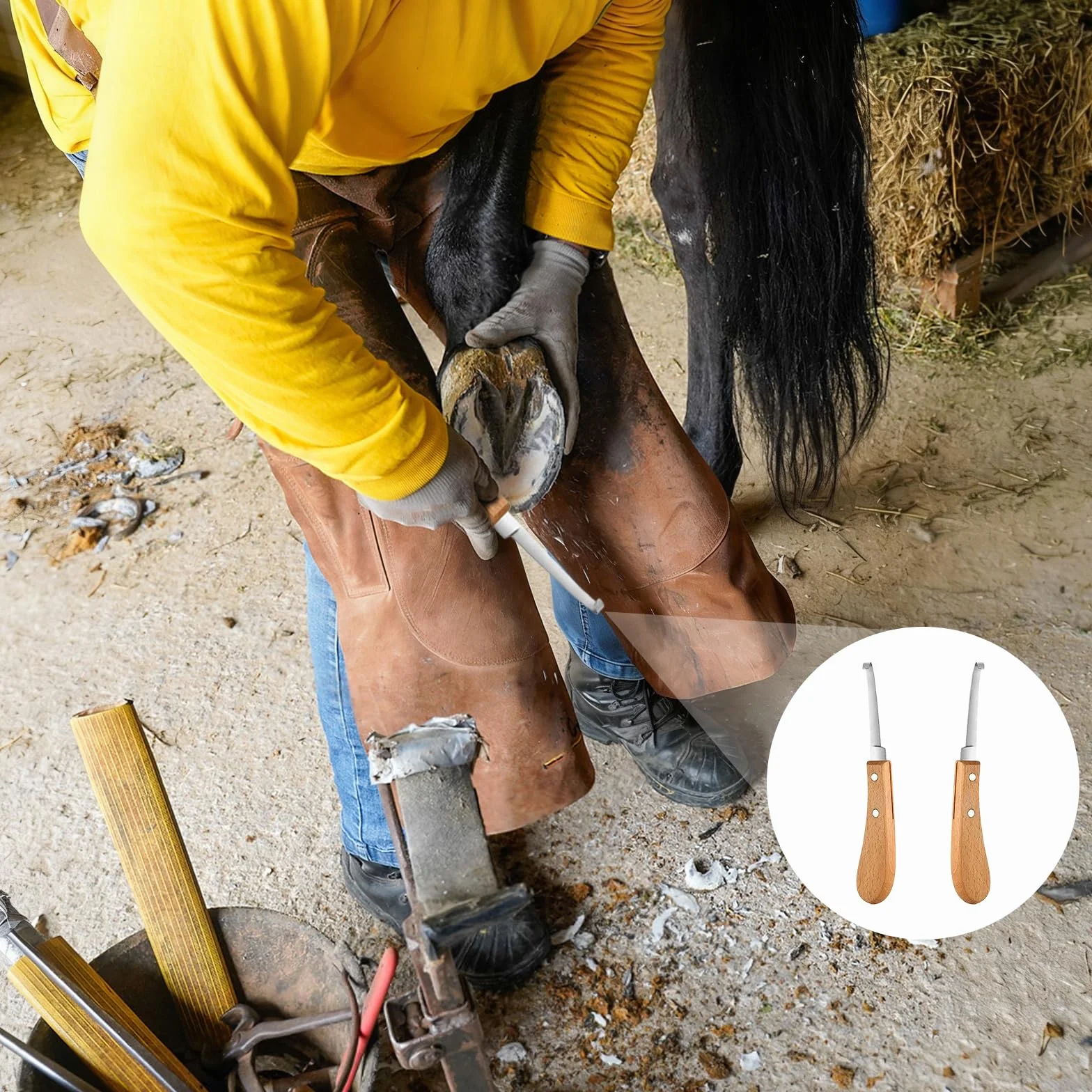 2 piezas Cuchillo para Pezuñas, 21.5 CM Cuidado de Los Cascos Acero Inoxidable Zurdos y Diestros, Herramientas para Recortar Pezuñas con Mango de Madera para Ganado Vacuno, Ovino y Equino