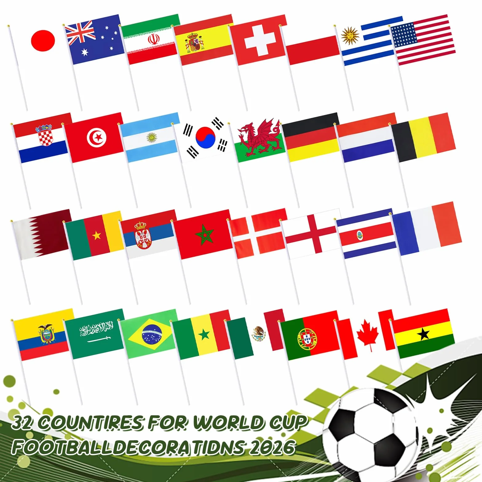 Banderas del Mundo Set 32 Países 14x21cm Poliéster Doble Cara Decor Copa Mundial
