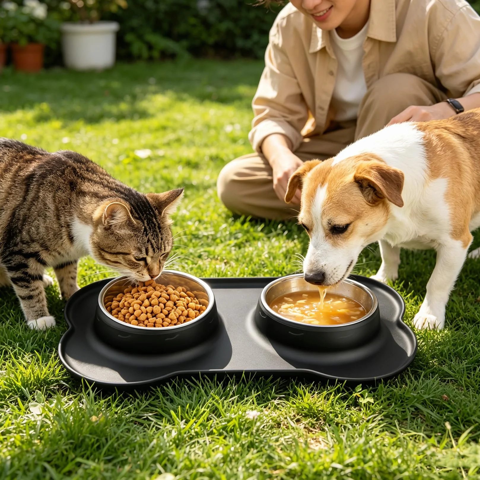 2 PcsComedero Perro Pequeño, Comedero Gatos, Comedero y Bebedero Perros Antigoteo, Comederos Bebedero para Gatos Perros Mascotas de Acero Inox, con Base de Silicona Antideslizante (S 36 x 21 cm)