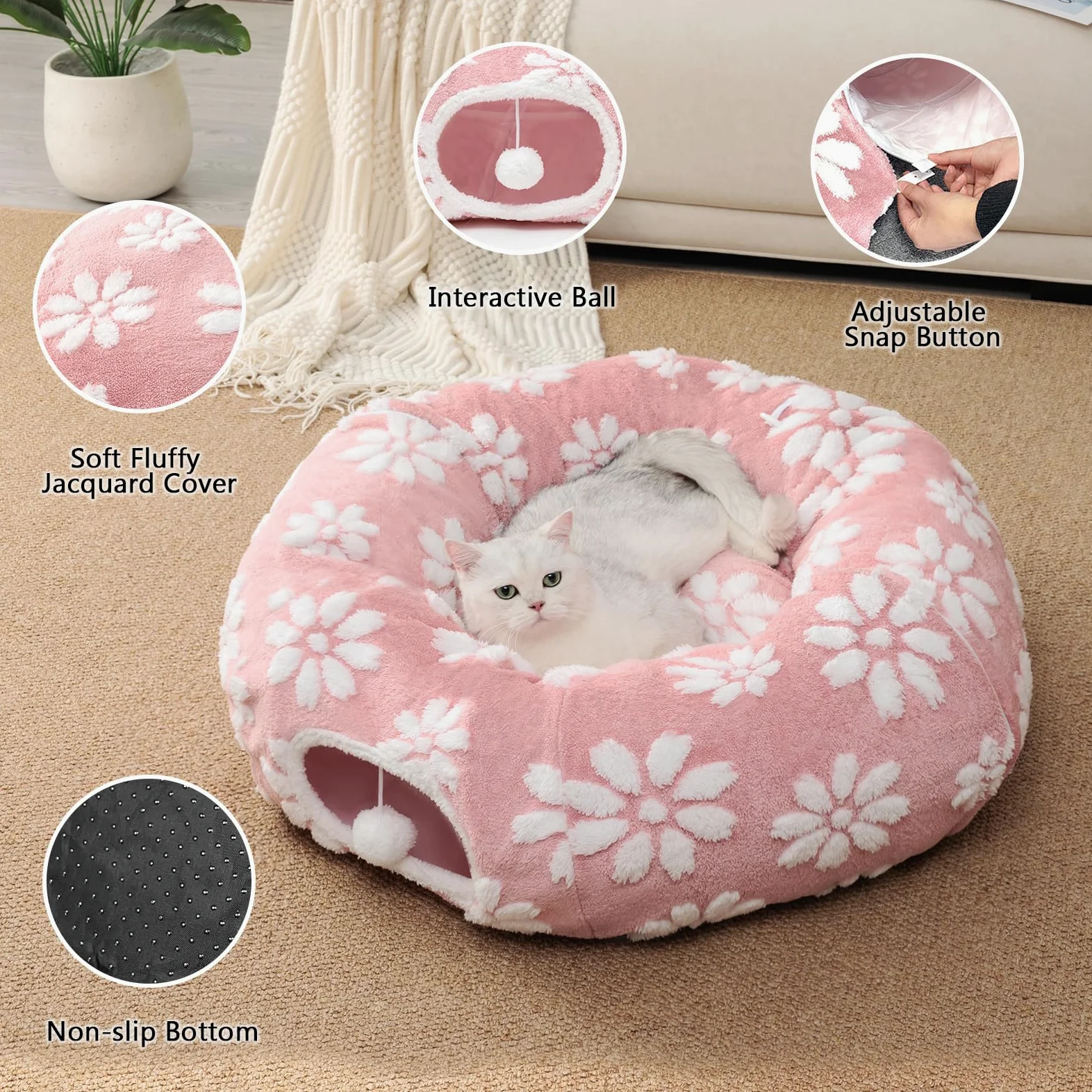 Túnel para gatos de interior, bonita cueva para gatos Peekaboo con bolas colgantes, cama de túnel de dona para mascotas con alfombrilla circular para cachorros, gatitos, conejos, flores rosas