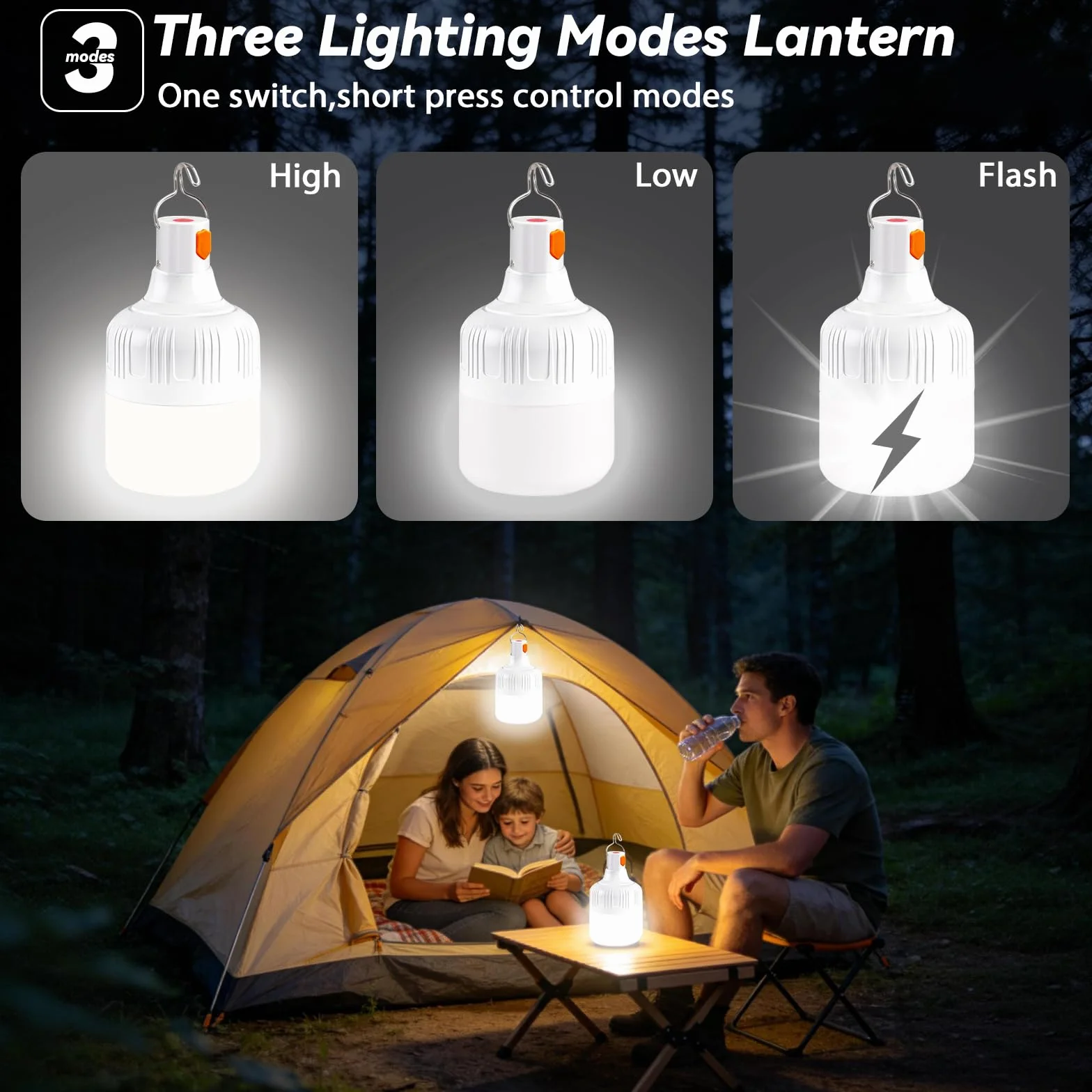 Lámpara Camping Recargable LED 500LM 3 Modos Impermeable Portátil con Gancho