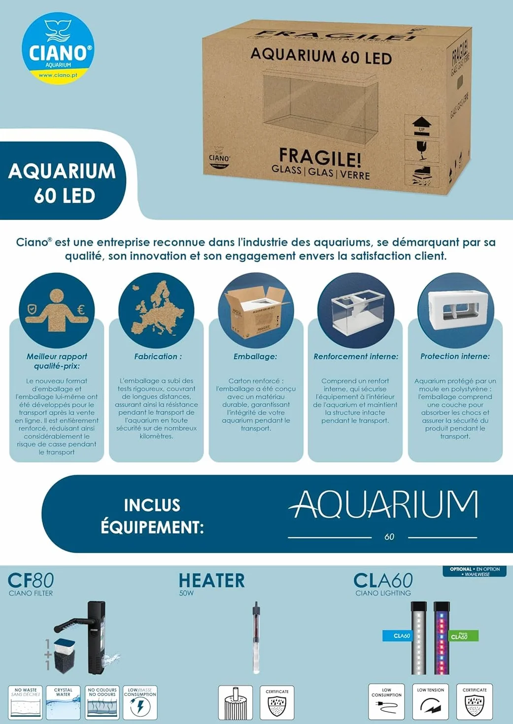 Ciano, Acuario 60 Negro, para Peces, Equipado con Filtro, consumibles, LED y calefacción, 58L, Embalaje Reforzado para envío Web