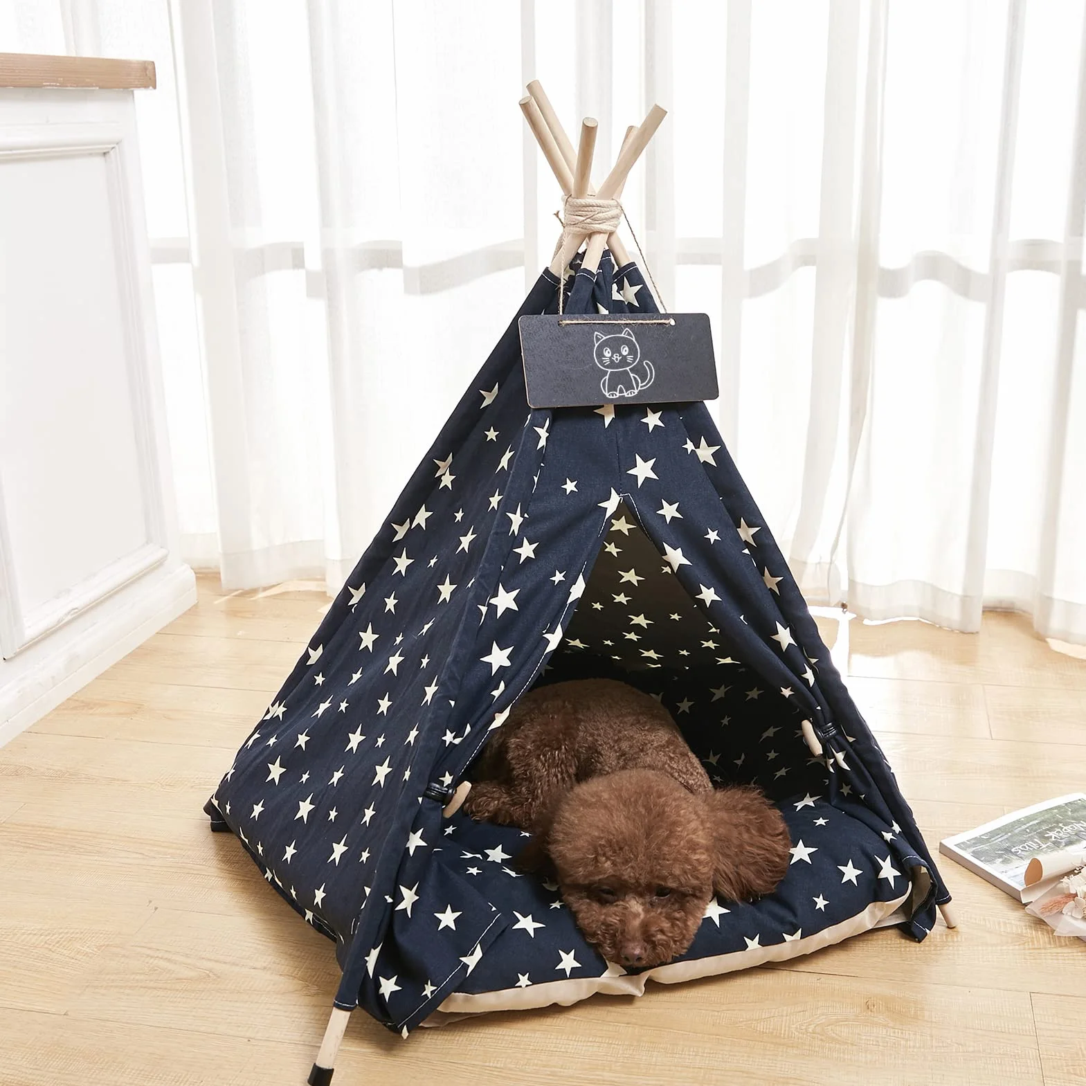 Tienda de Campaña Teepee-61cm Portátil Interior Perro Teepee Cama con Cojín Grueso, Lavable Azul Marino Estrellas Patrón Teepee Tienda Casa para Cachorro y Gato
