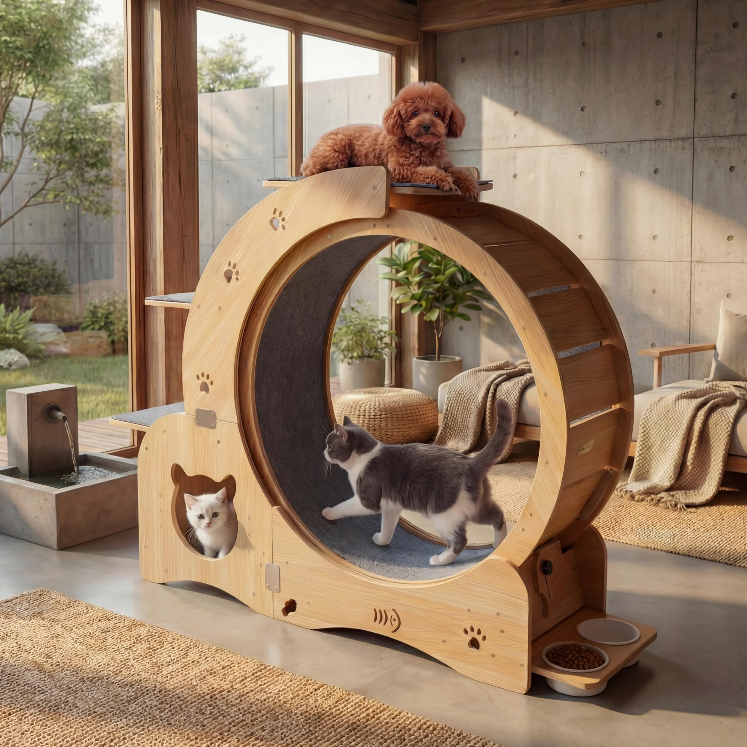 Rueda de Ejercicio para Gatos de Madera Maciza 5 en 1 (100cm) con Casita Integrada, Rascador, Plataformas y Cuencos – Cinta de Correr Silenciosa y Estable para Gatos Grandes y Perros Pequeños