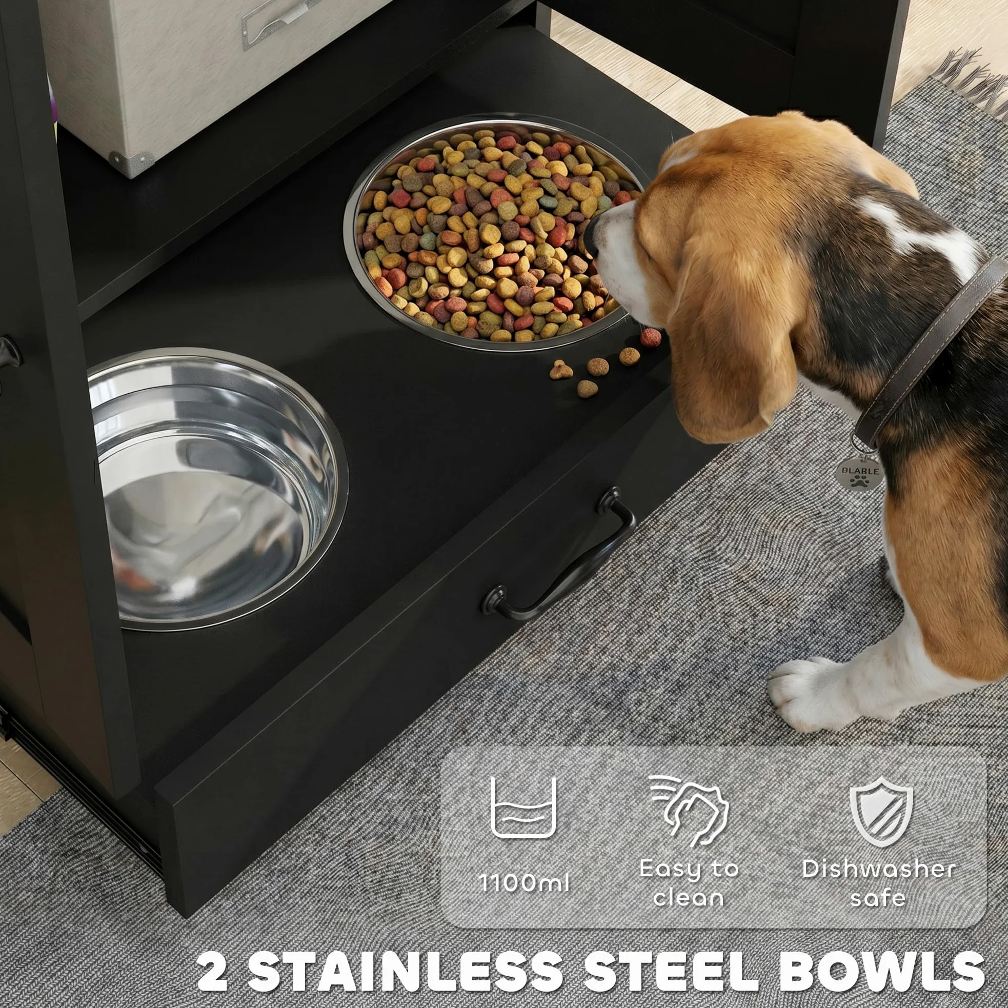 PawHut comedero para Mascotas con Almacenamiento, comedero para Perros con Cuencos elevados para Perros, Panel Ajustable, Ganchos, gabinete de Almacenamiento de Alimentos para Mascotas, Negro
