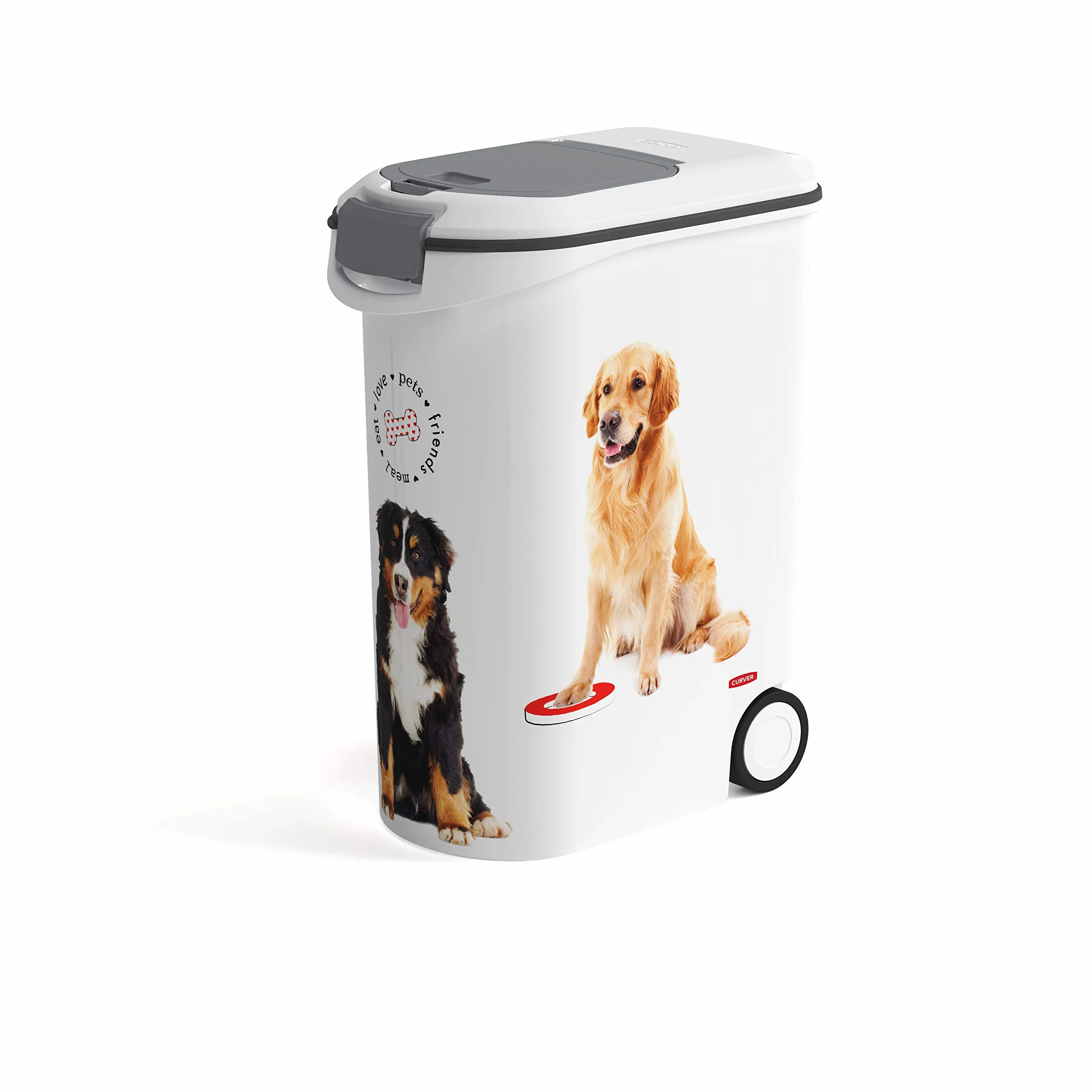 Curver Contenedor de comida,pienso para mascotas con Ruedas 20 Kg/ 54 L, Sellado de goma antiolores, Decorado perros, 28 x 50 x 61 cm