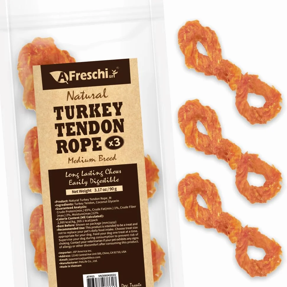 A Freschi srl Tendón de Pavo Afreschi para Perros, Cuerda Mediana, Paquete de 3, 89 G, Pavo de Origen Estadounidense, Masticable Totalmente Natural de Grado Humano, Hipoalergénico, Alternativa Al Cuer
