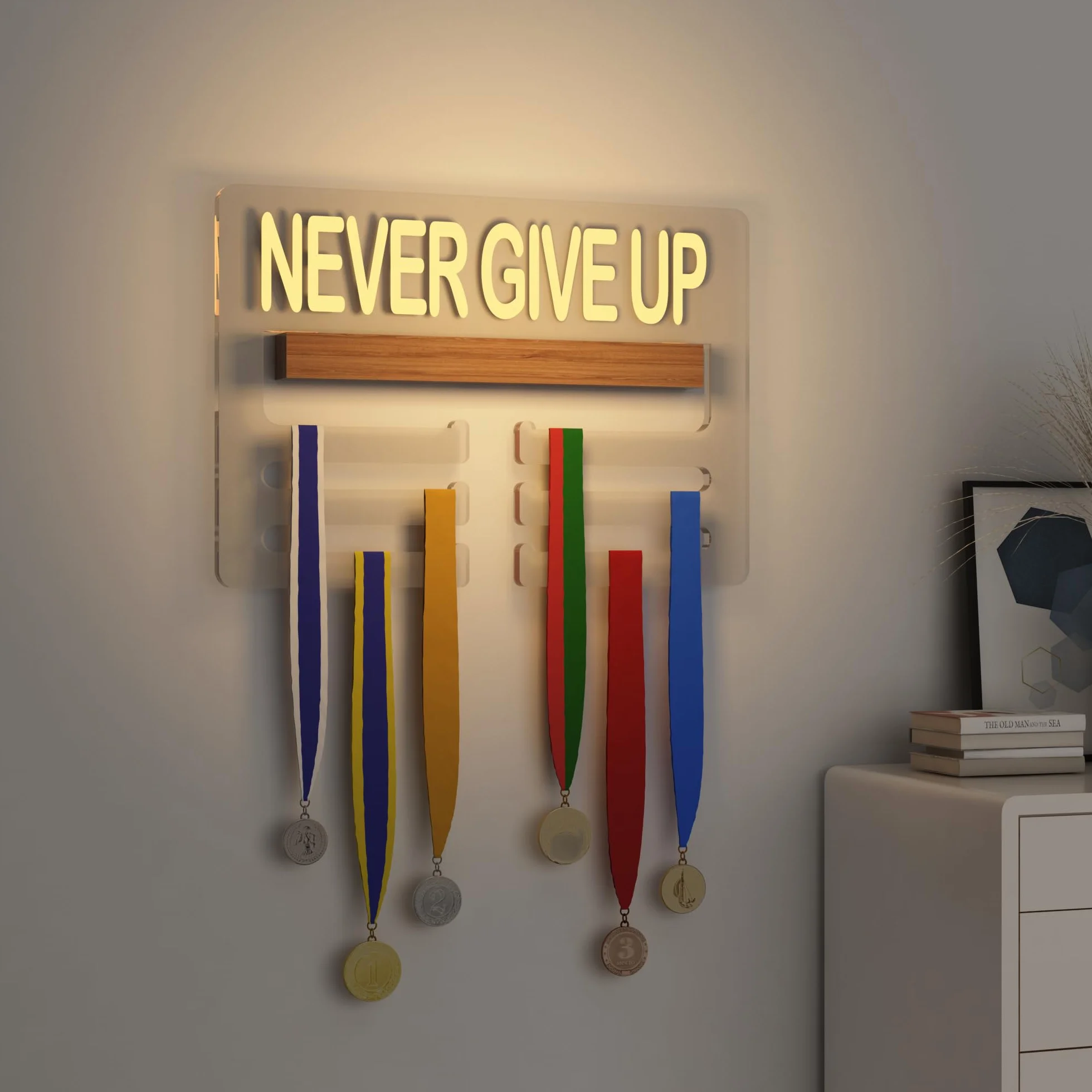 Ammonite Perchero iluminado para medallas soporte de pared estante escalonado para premios