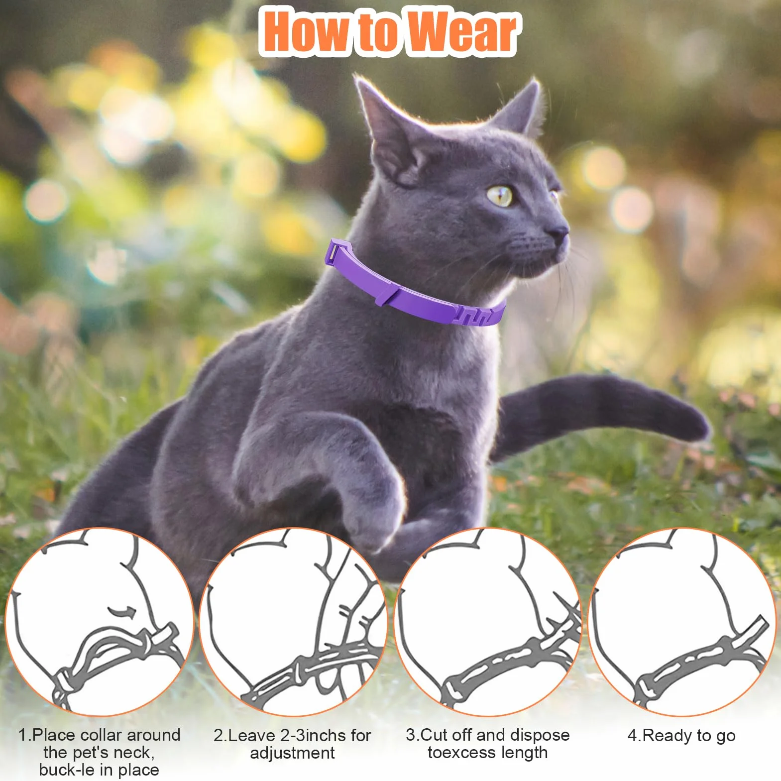 Collar calmante para gatos de 4 piezas, antiestrés natural con feromonas, color púrpura, talla ajustable y efecto 30 días, para gatitos y gatos adultos