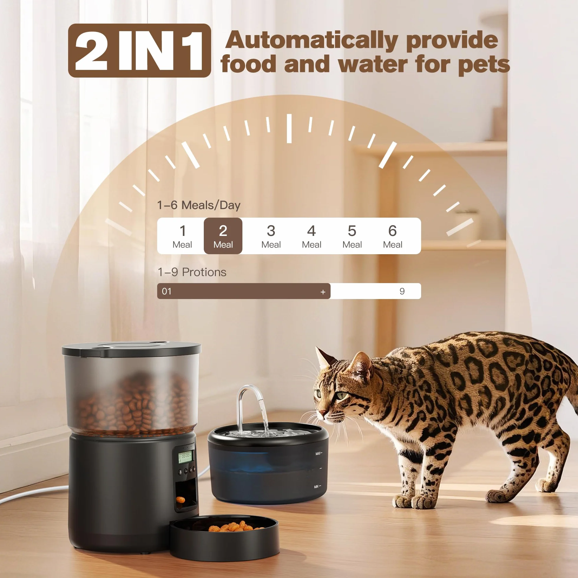Comedero Gato Automatico y Fuente para Gatos: Dispensador Comida Gatos con Programable Temporizador 6 Comida al Día - 3L Alimentador Perro y 2.4L Bebedero para Pequeño/Mediano Mascota - 10S Grabación