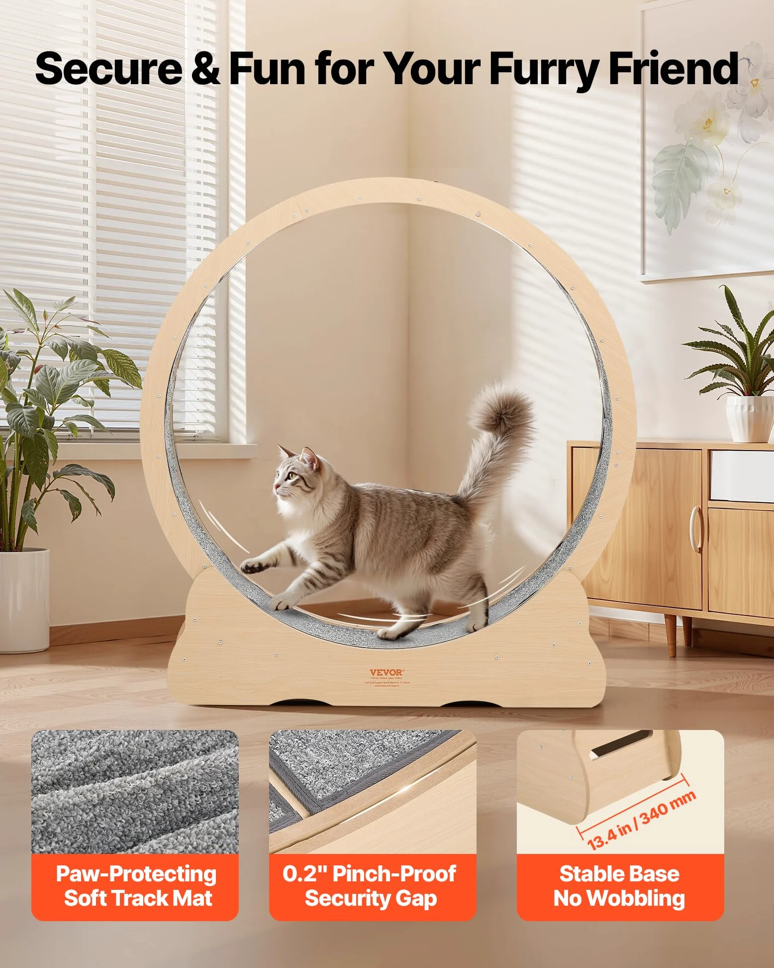VEVOR Rueda de Ejercicio para Gatos, Diámetro Interior de 1080 mm, para Gatos de 8,6 a 12,7 kg, con Superficie de Alfombra y Mecanismo de Bloqueo, Ruedas Silenciosas de TPE, 1200 x 340 x 1275 mm