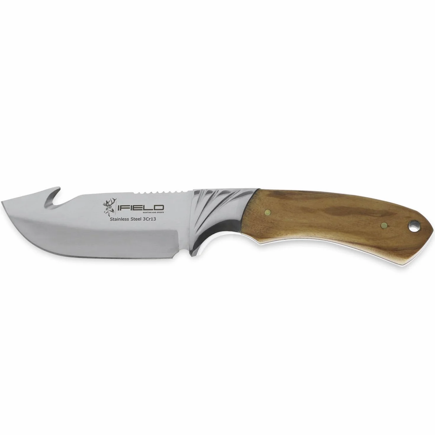 iFIELD Cuchillo desollador Camper EL29010, 22,5 cm, hoja 10,5 cm, 3,8 mm, mango de olivo, funda de piel marrón